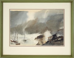 Stormy Coast with Sailboats - Mid Century Seascape in Watercolor on Heavy Paper
