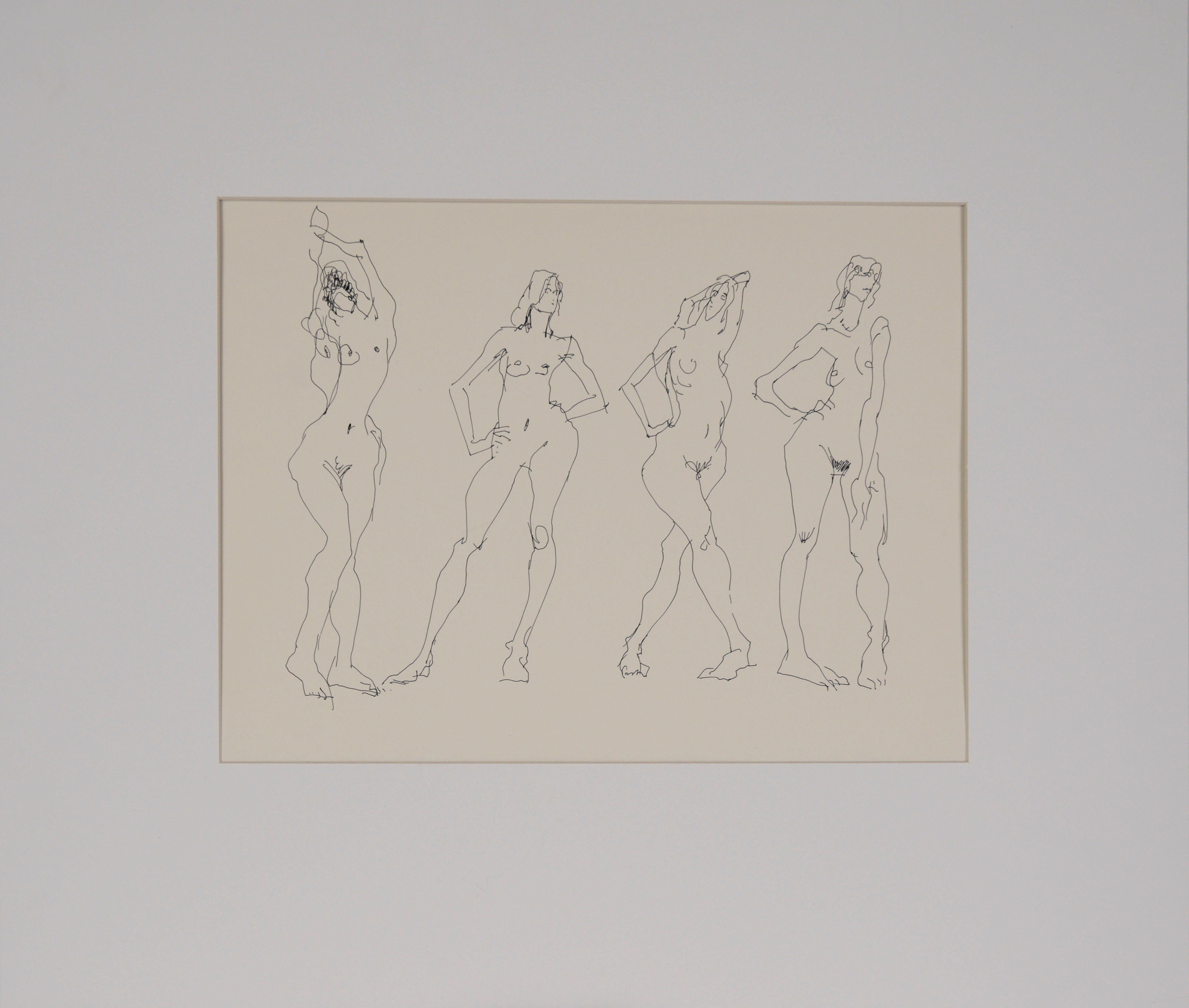 Nude di Unknown - Quattro pose - Schizzo di studio originale di nudo figurativo su carta