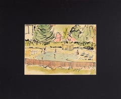 At the Pool - Illustration in Aquarell und Tusche auf Papier aus der Mitte des Jahrhunderts