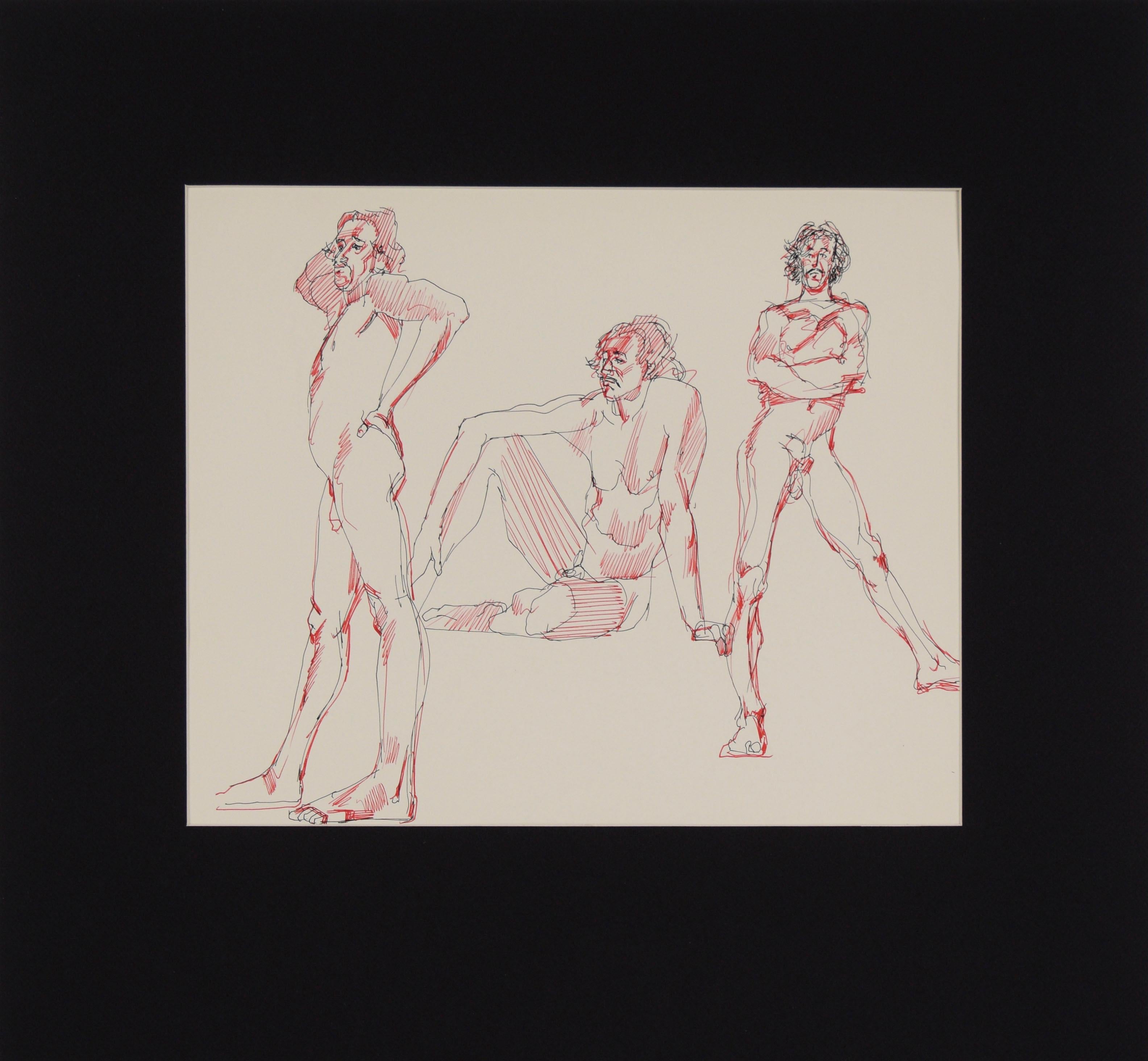 Tre pose - Disegno figurativo originale di nudo maschile su carta