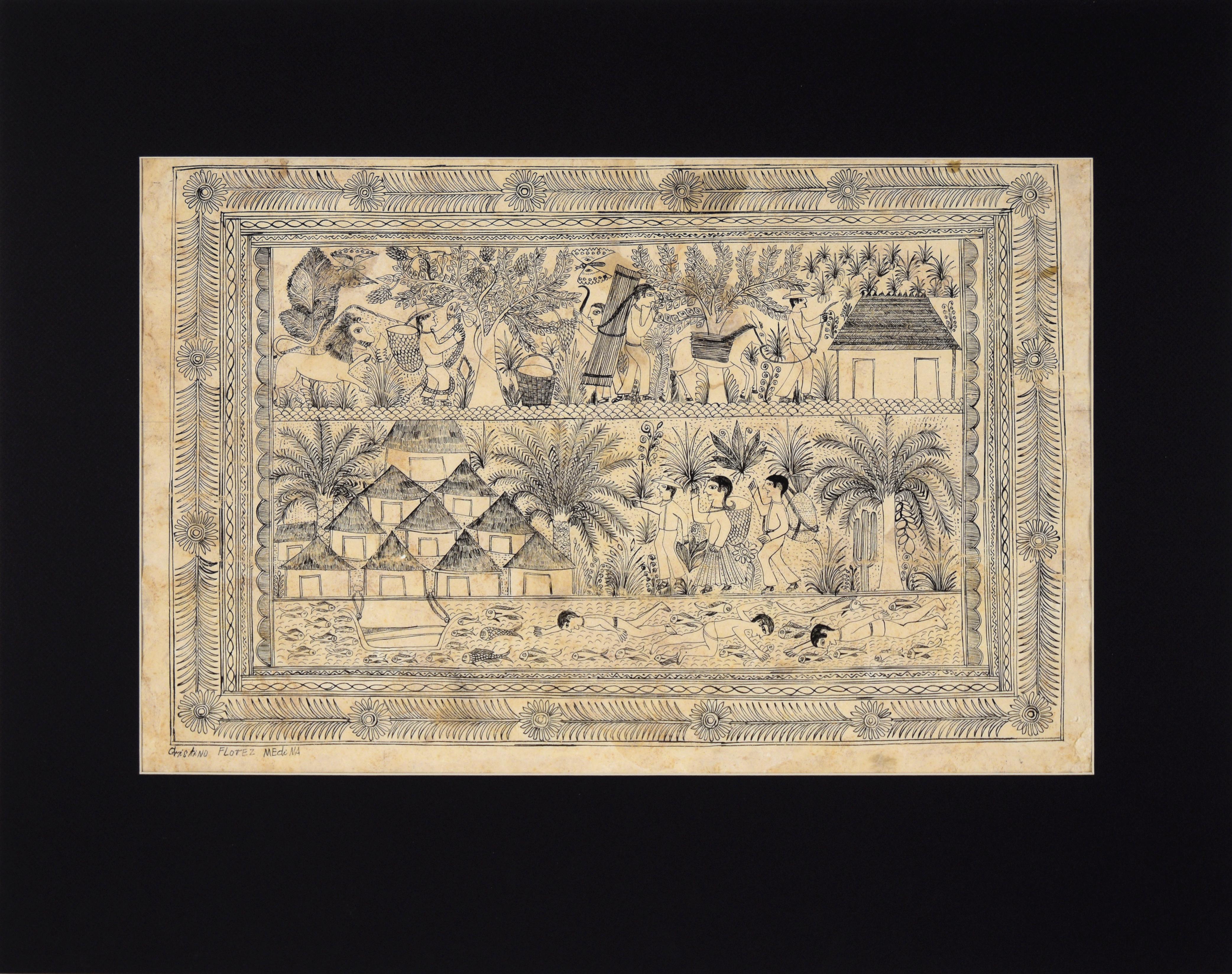 Illustration d'un village au bord de la rivière - Drawing Amate Bark à l'encre