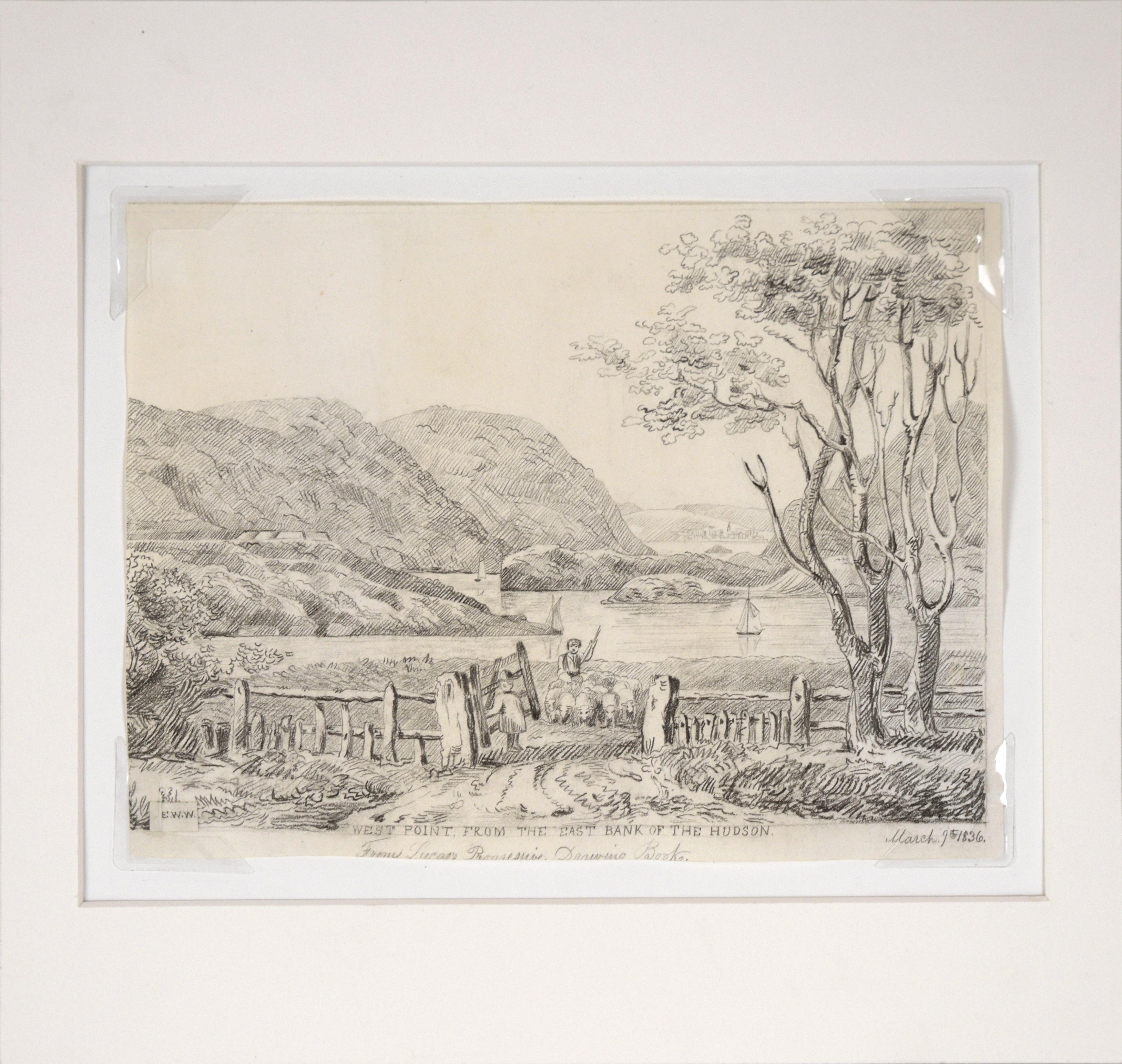 "West Point desde la orilla este del Hudson" Dibujo antiguo sobre papel Watkinson