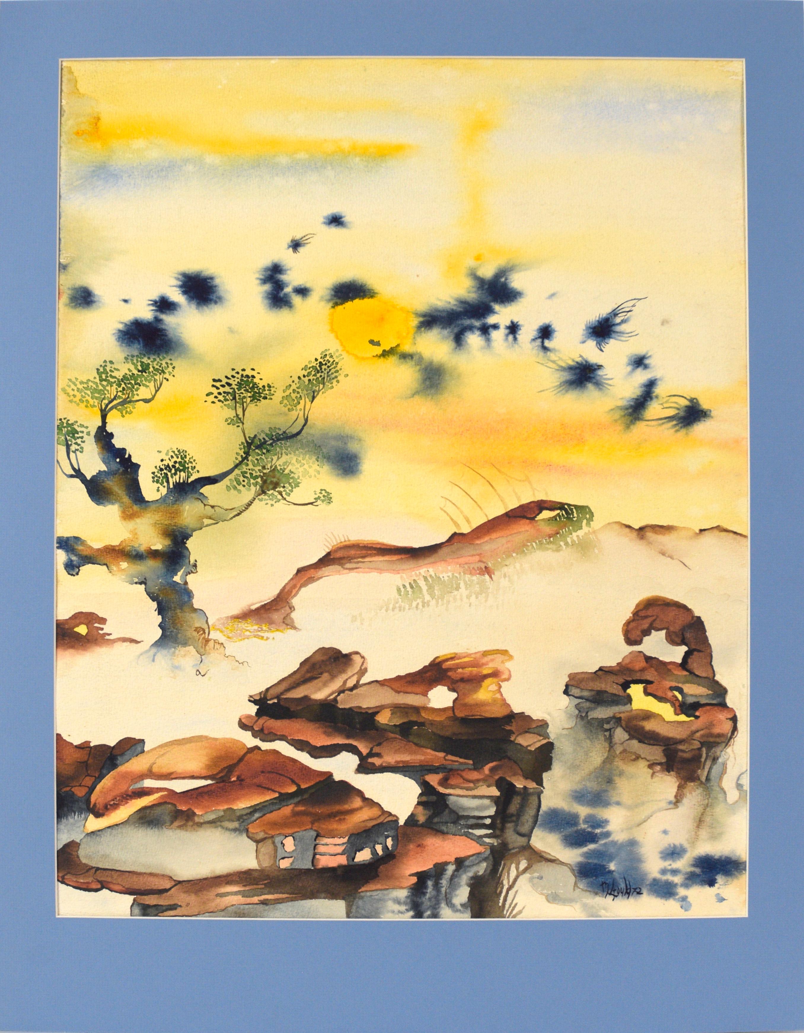 Landscape Art M Gould - Paysage aquarelle vintage avec rochers et soleil jaune