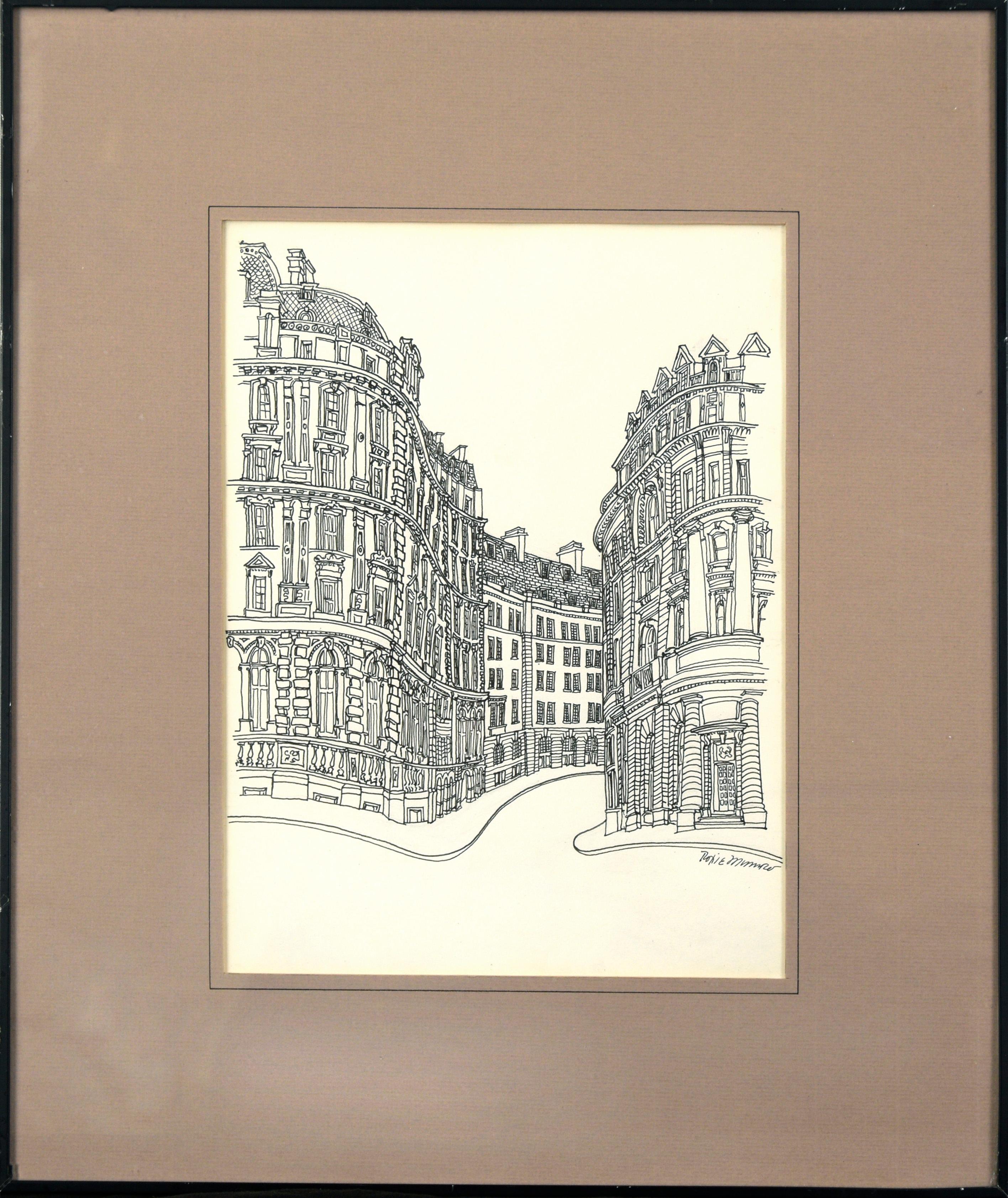 Landscape Art de Roxie Munro - European Street Scene - Original Ink Line Drawing