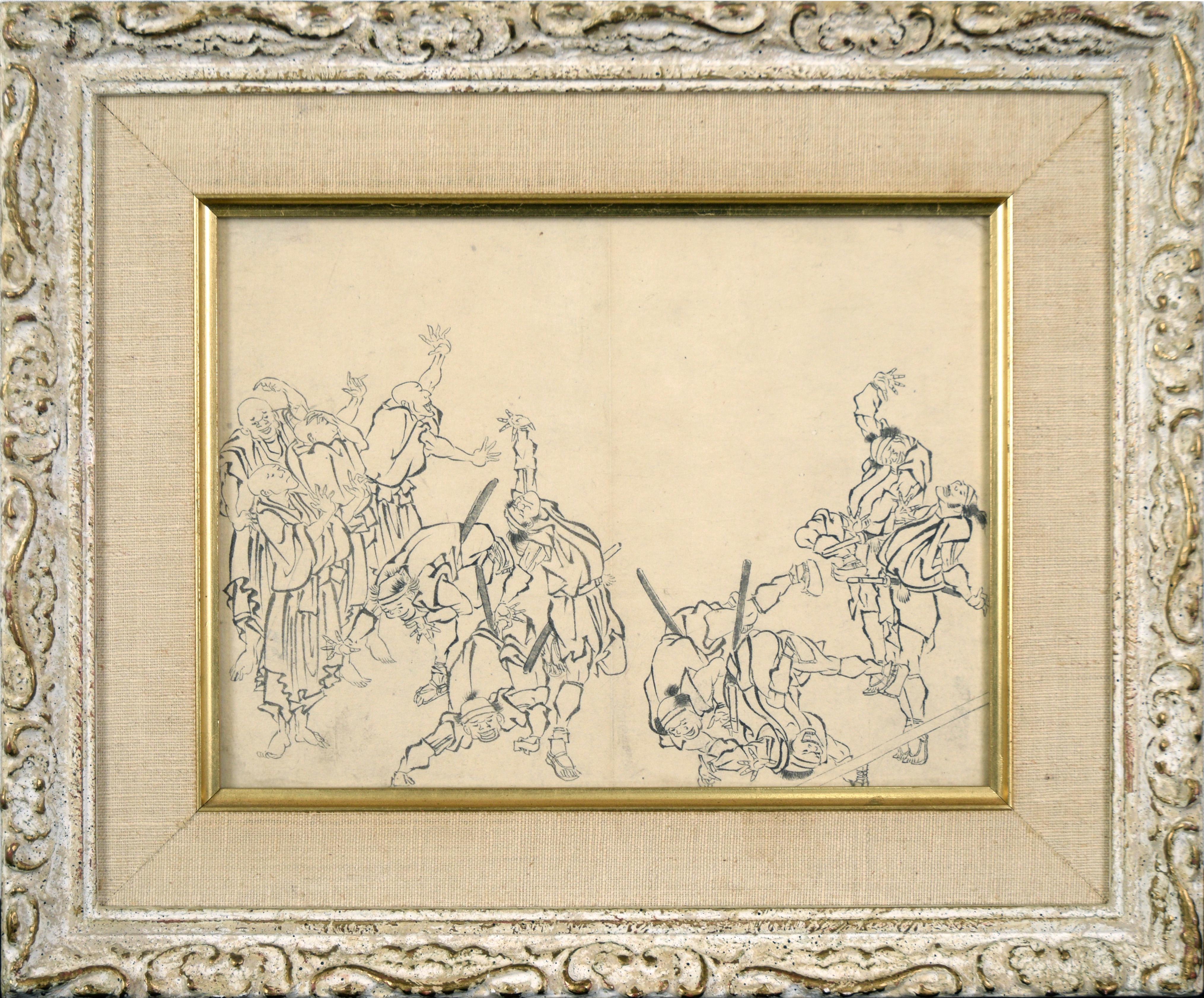 Mimasu Figurative Art - Laughing Monks and Soldiers - Mid 19th Century Japanese Ink Drawing