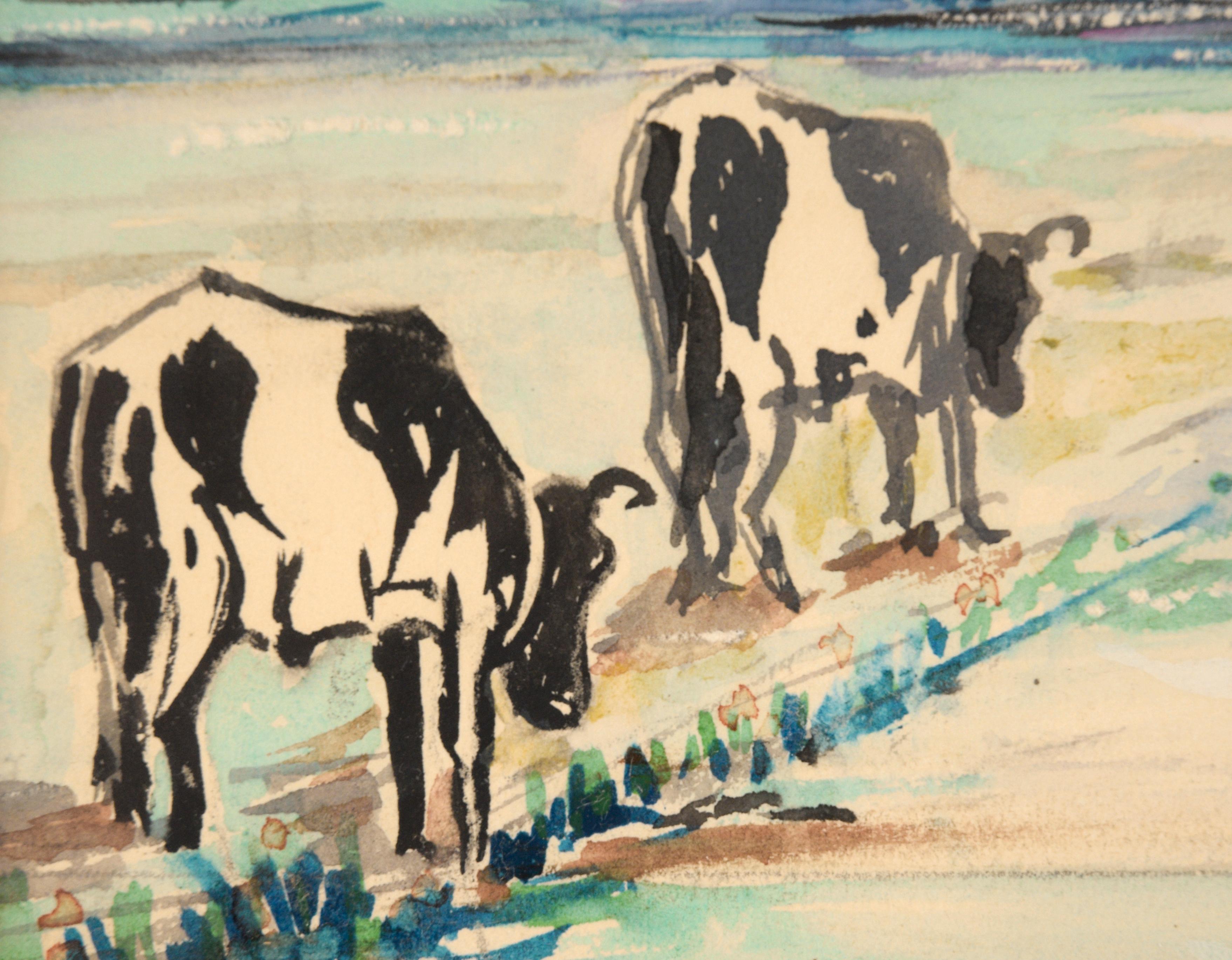 Petit paysage avec vaches par l'artiste Carmel Cetin (20ème siècle). Deux vaches brouillent au premier plan. Au-delà des vaches, un champ s'étend vers un groupe d'arbres et de bâtiments, avec des montagnes derrière eux.

Signé « CÉTIN » dans le coin