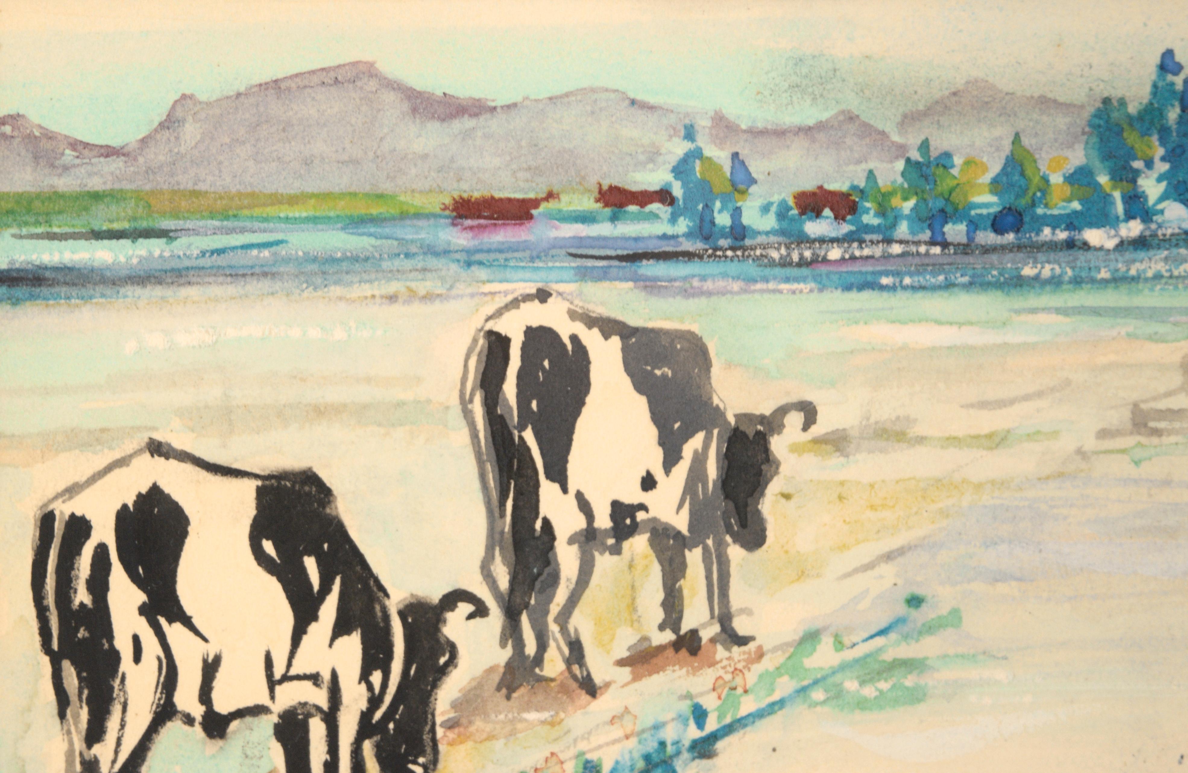 Grazing Cattle - Miniatur-Landschaft (Amerikanischer Impressionismus), Art, von Cetin
