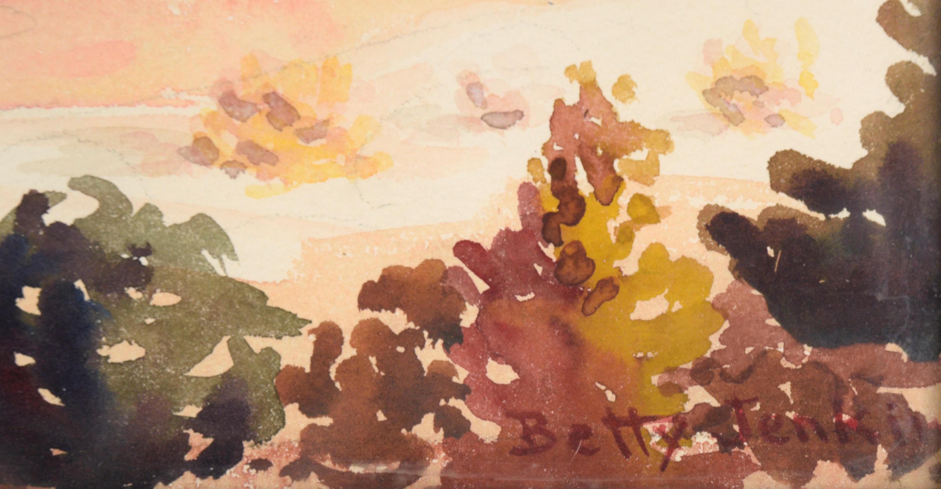 Dramatic desert landscape by Betty Jenkins (American, 20th Century). Red rock formations stretch across the center of the composition, executed with skillful shading. Above the rocks, a sky is fill of streaky clouds. In the foreground, small shrubs