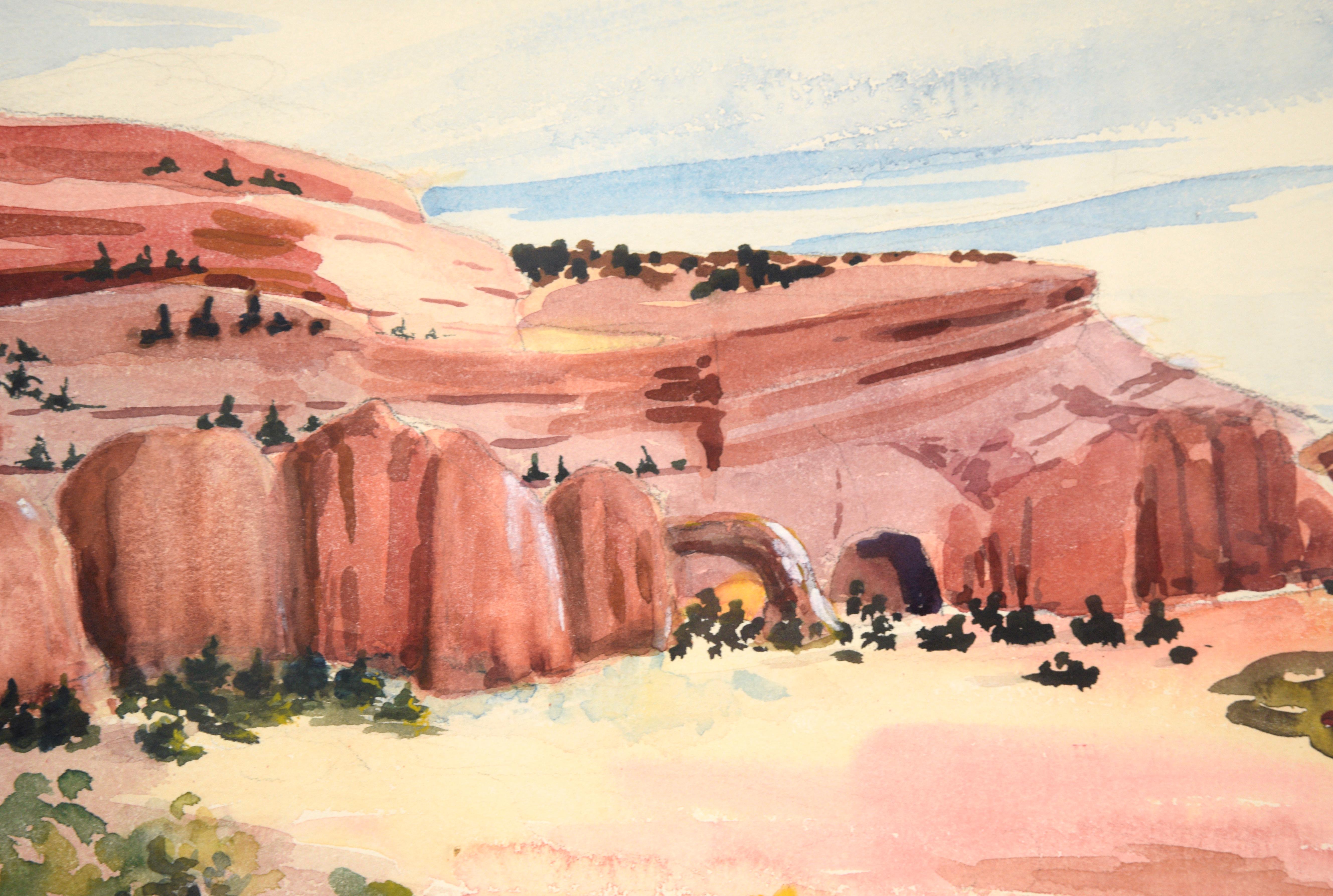 Eine dramatische Wüstenlandschaft von Betty Jenkins (Amerikanerin, 20. Jahrhundert). Rote Felsformationen erstrecken sich über die Mitte der Komposition und sind mit gekonnten Schattierungen ausgeführt. Über den Felsen ist ein Himmel aus streifen