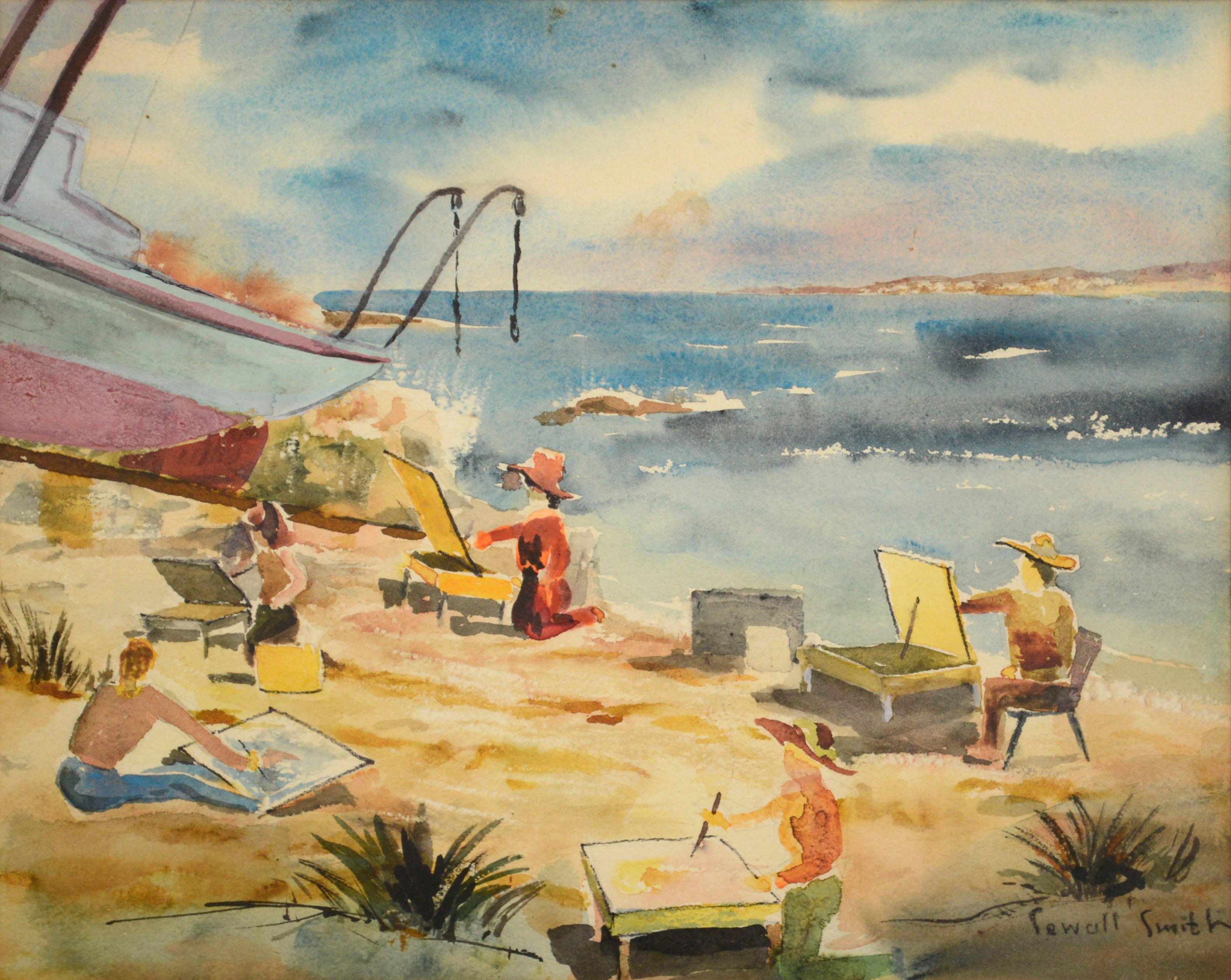 Art Class on the Beach, Vintage Bay Area Coast Figural Landscape Watercolor 