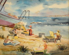 Art Class on the Beach, Retro Bay Area Coast Figural Landscape Watercolor 