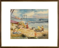 Art Class on the Beach, Vintage Bay Area Coast Figural Landscape Watercolor