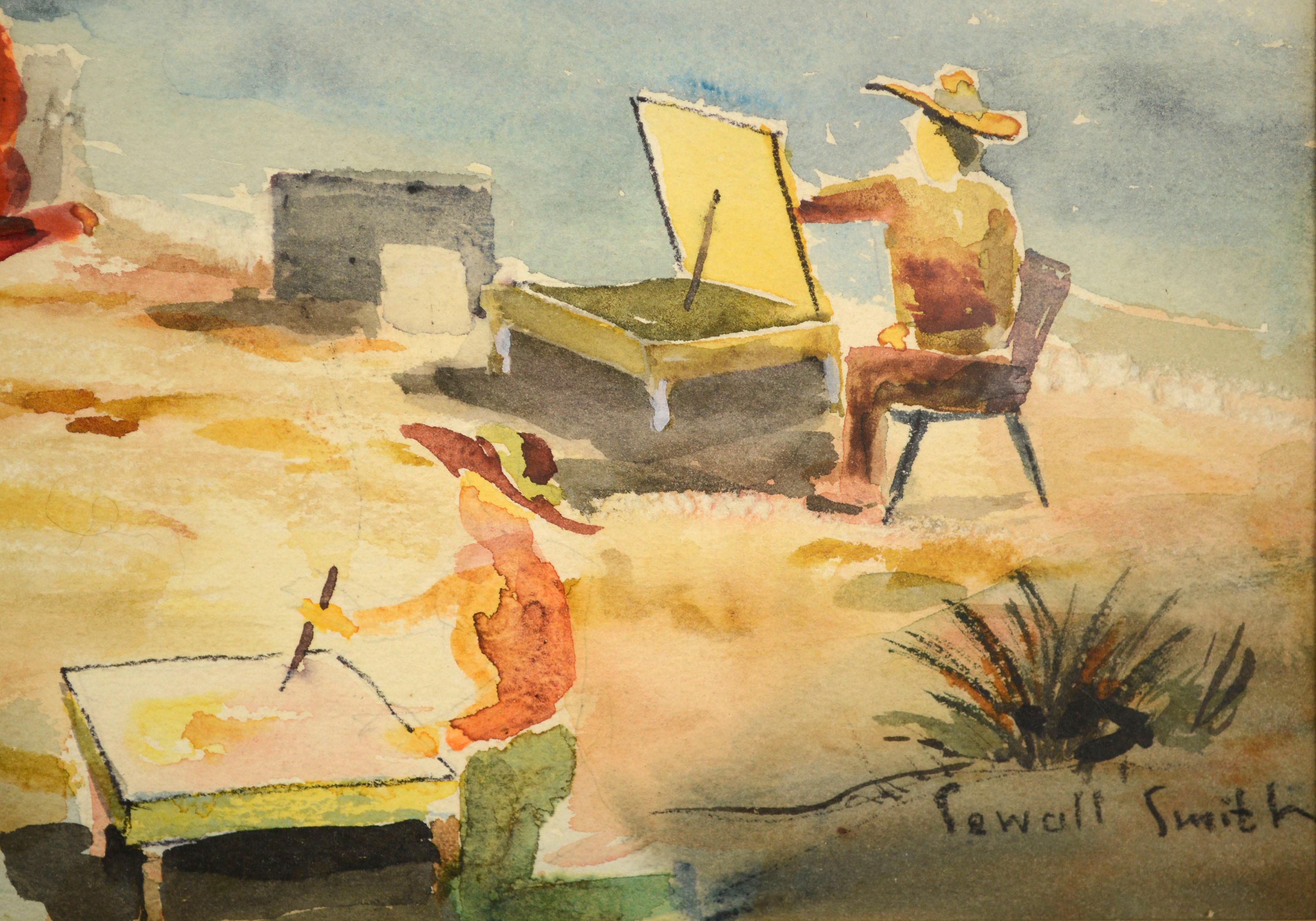 Art Class on the Beach, Vintage Bay Area Coast Figural Landscape Watercolor  - Brown Landscape Art by Sewall Smith