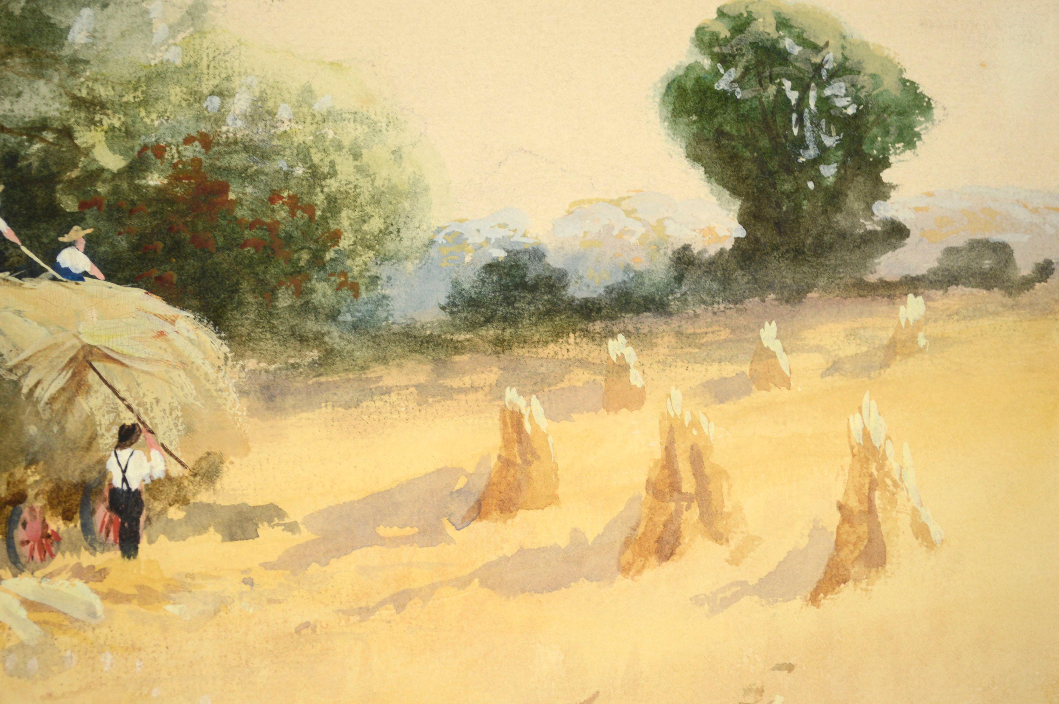 Paysage figuratif italien du début du XXe siècle représentant une scène traditionnelle de récolte dans un champ de blé, par S. Frosini (italien, XXe siècle). Ce paysage figuratif à la gouache représente avec force détails plusieurs petits