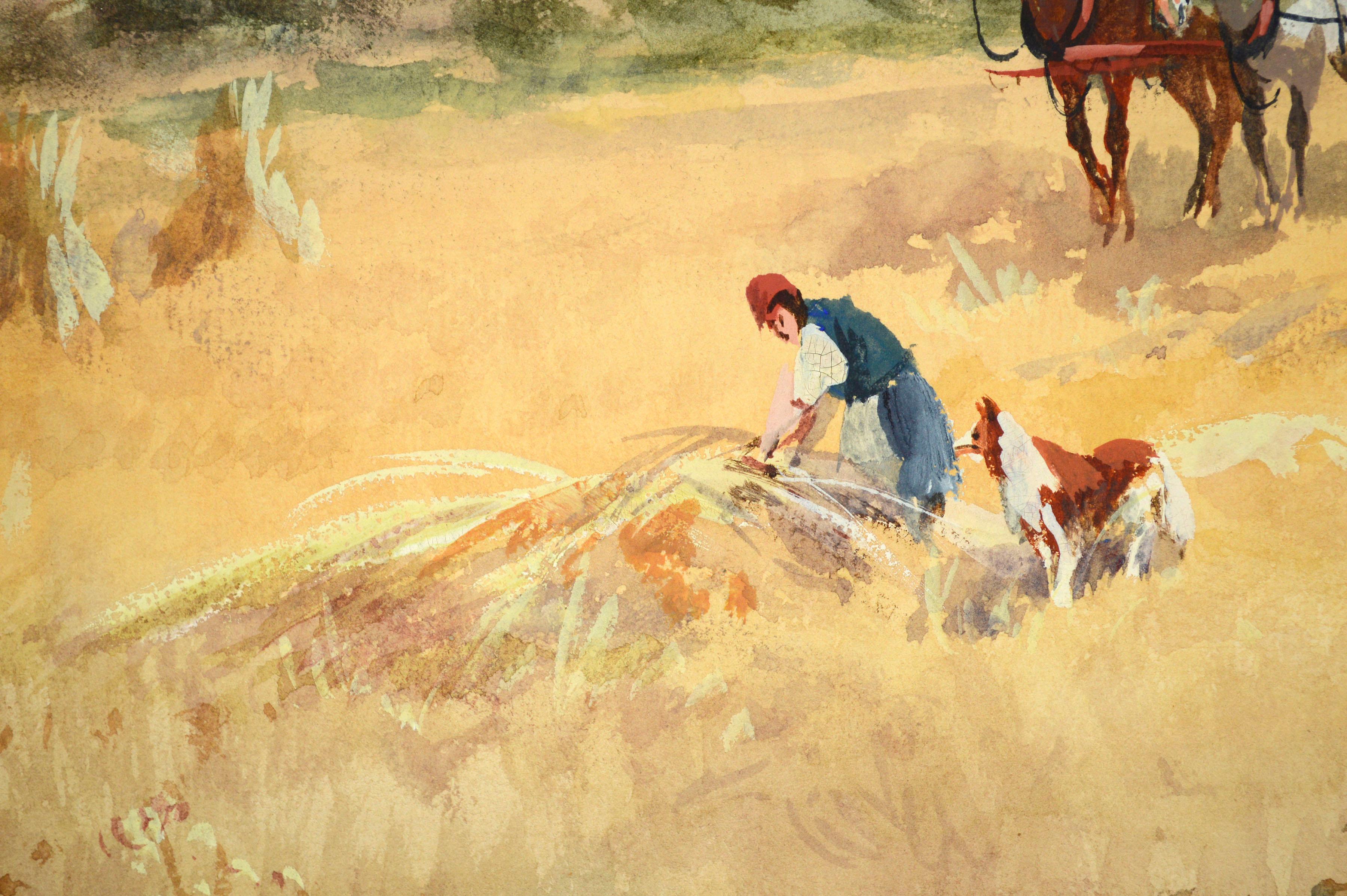 Wheat Field Harvest, Early 20th Century Figurative Landscape  - Beige Figurative Art by Unknown