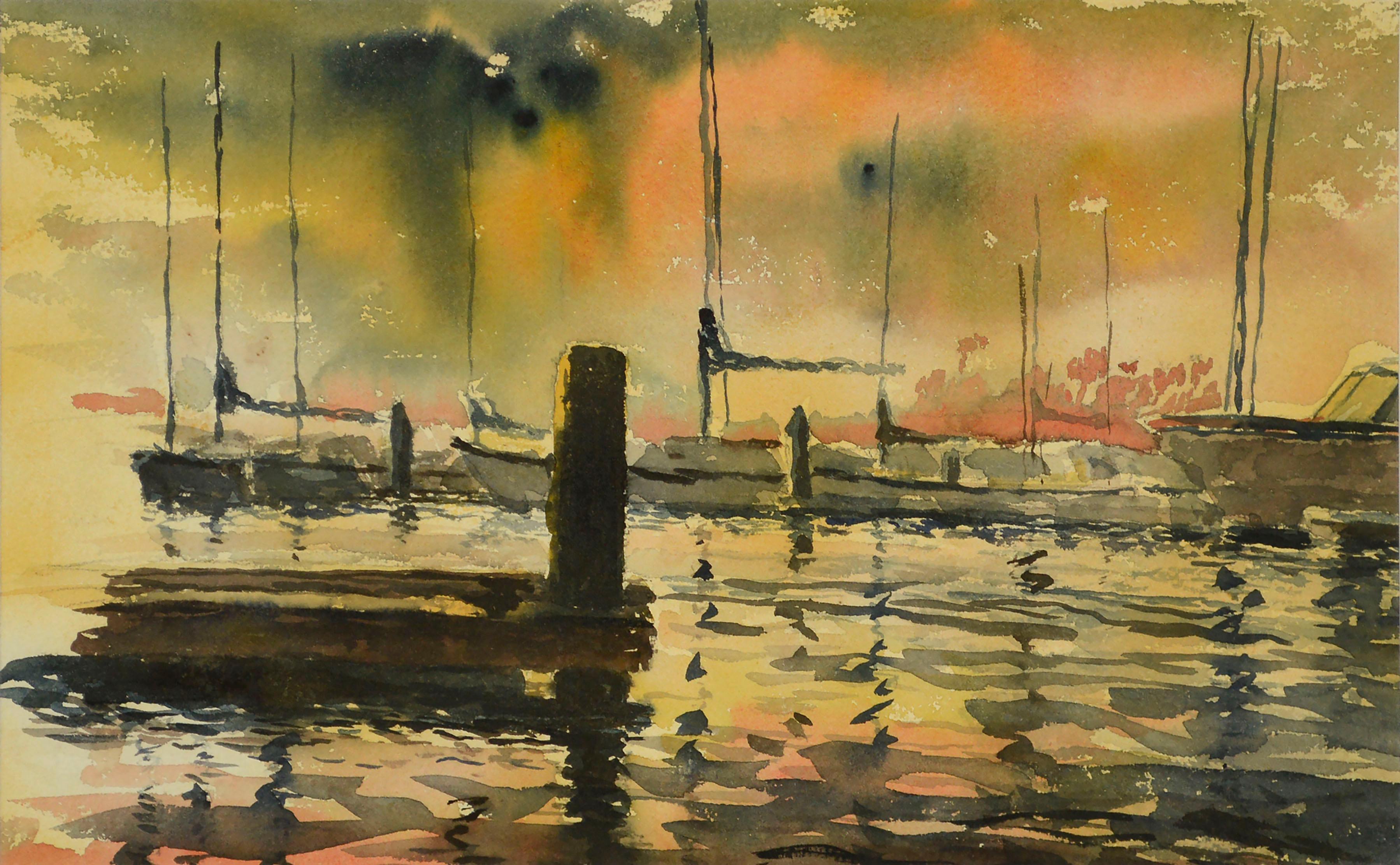 Sunset on the Harbor, Vintage Double Sided Watercolor Seascape with Boats, 1969 - Art by Marco Sassone