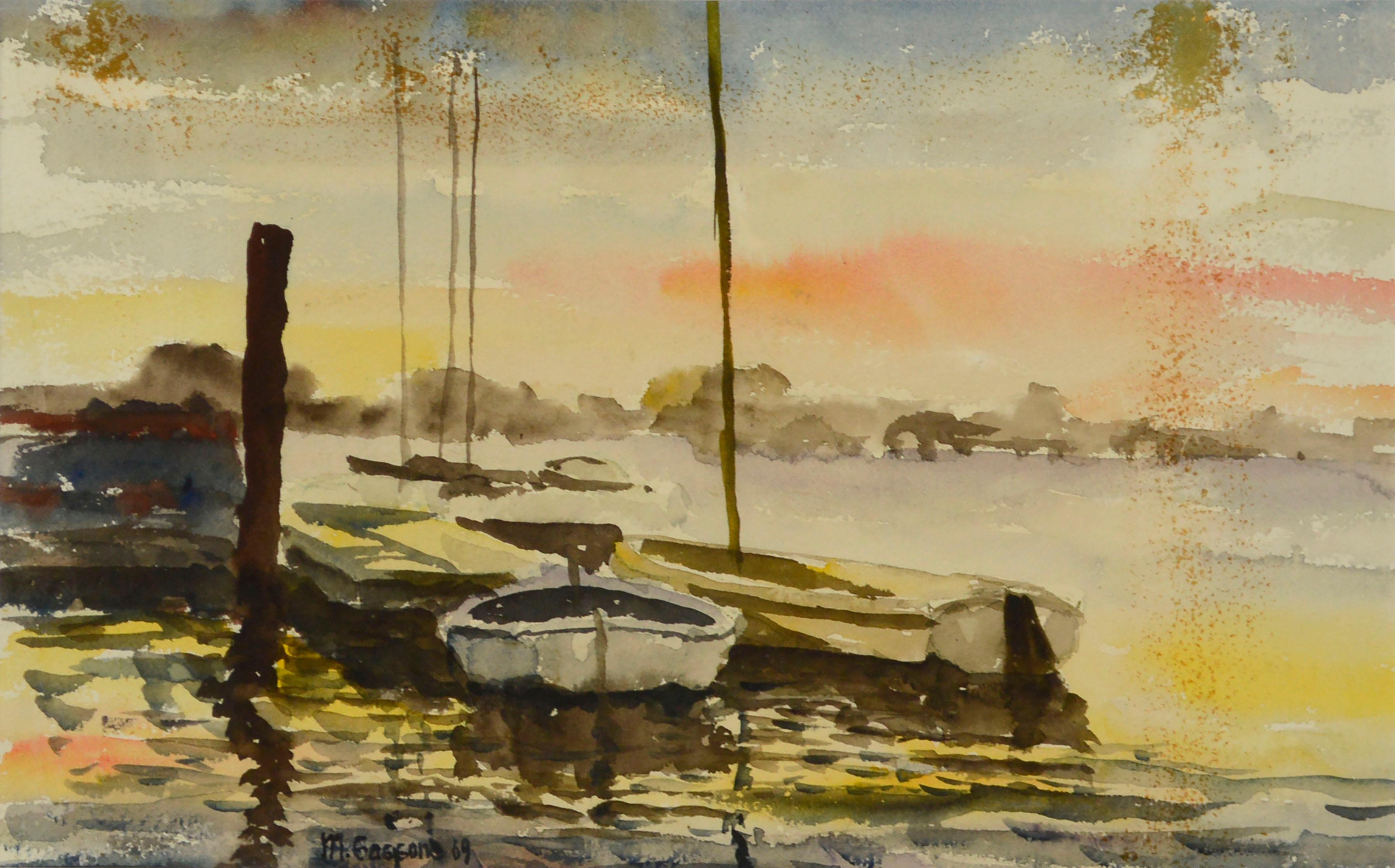 Sunset on the Harbor, Vintage Double Sided Watercolor Seascape with Boats, 1969 - Impressionist Art by Marco Sassone