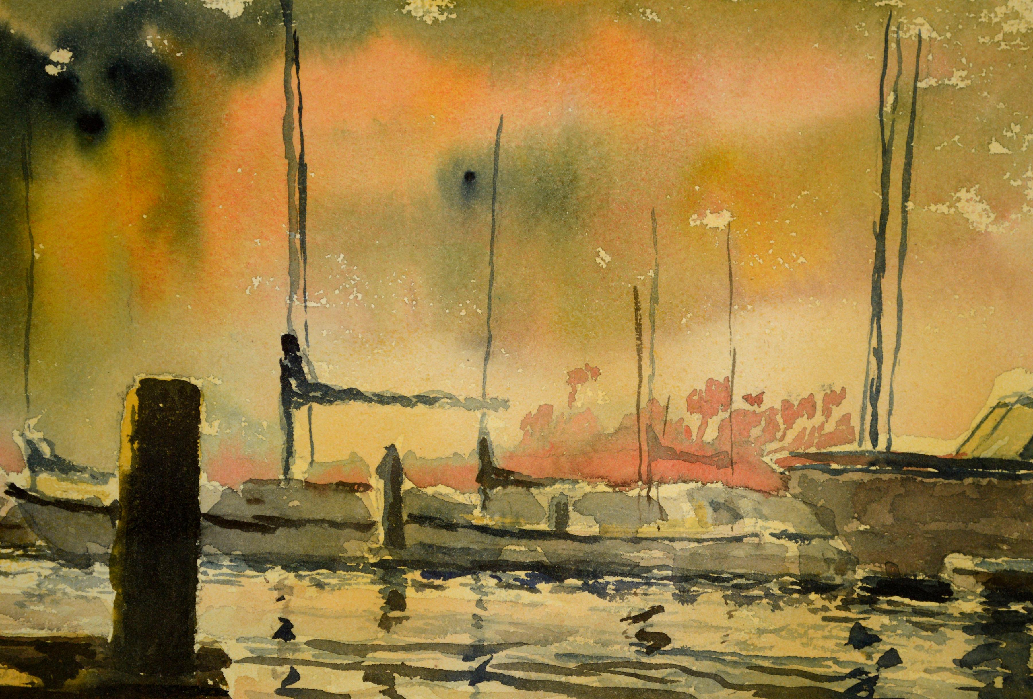 Un coucher de soleil sur le port, paysage marin vintage à double face avec bateaux, 1969 - Marron Landscape Art par Marco Sassone