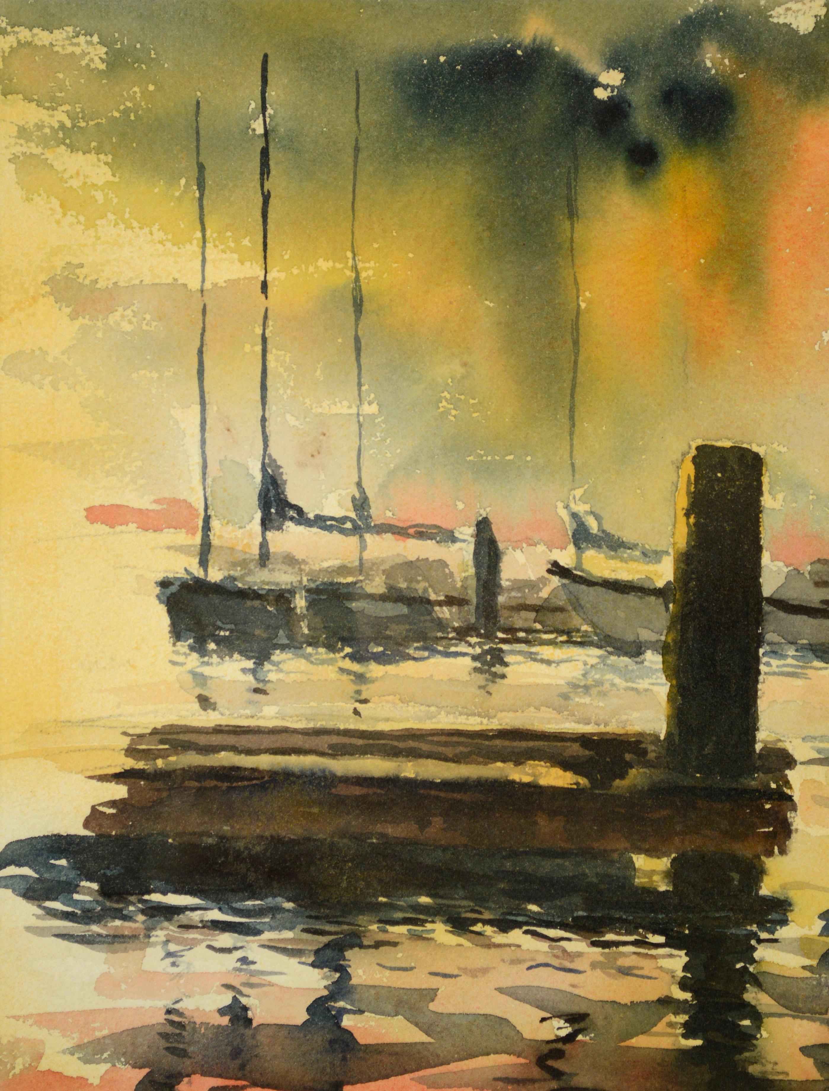 Un coucher de soleil sur le port, paysage marin vintage à double face avec bateaux, 1969 - Impressionnisme Art par Marco Sassone