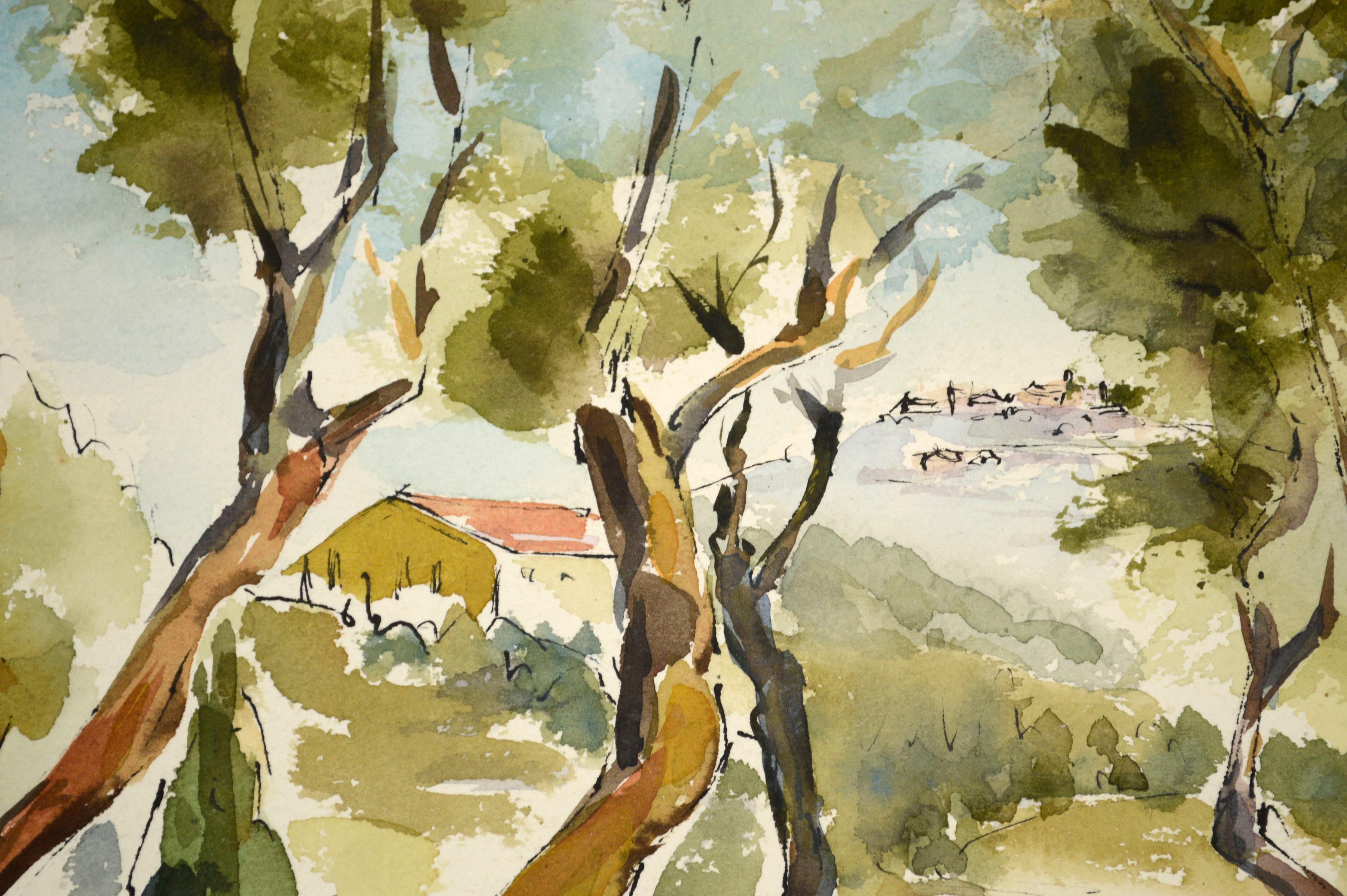 Ein lebhaftes modernistisches Landschaftsaquarell der kalifornischen Künstlerin Nevalda Bartolini Liberi (Italienerin/Amerikanerin, 20. Jahrhundert) aus Laguna Beach. Dieses schöne und helle Aquarell zeigt einen Blick auf einen schönen Hügel, der