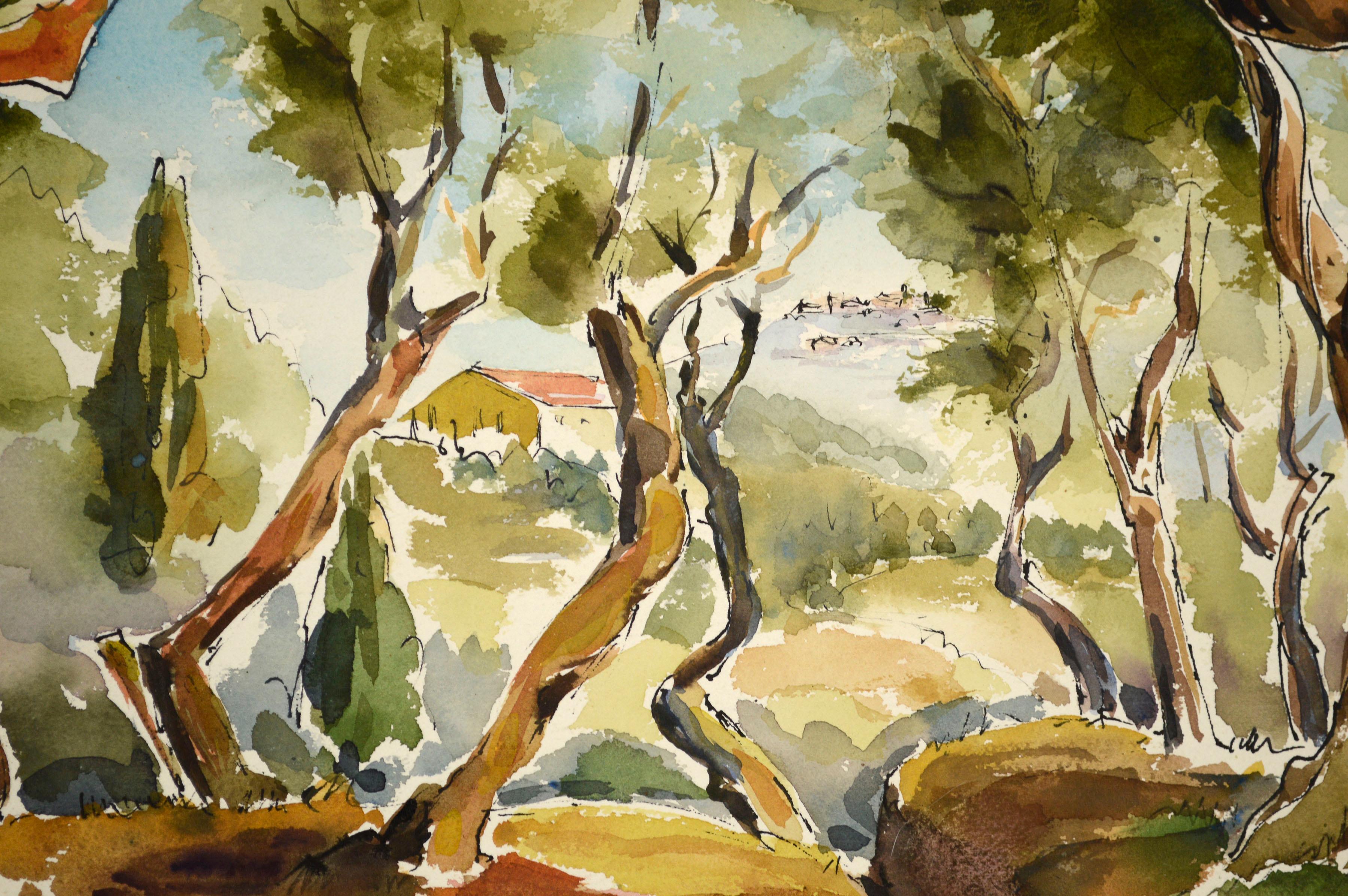 Hilltop Through the Trees, modernistische Aquarelllandschaft  (Amerikanische Moderne), Art, von Nevalda Bartolini Liberi 