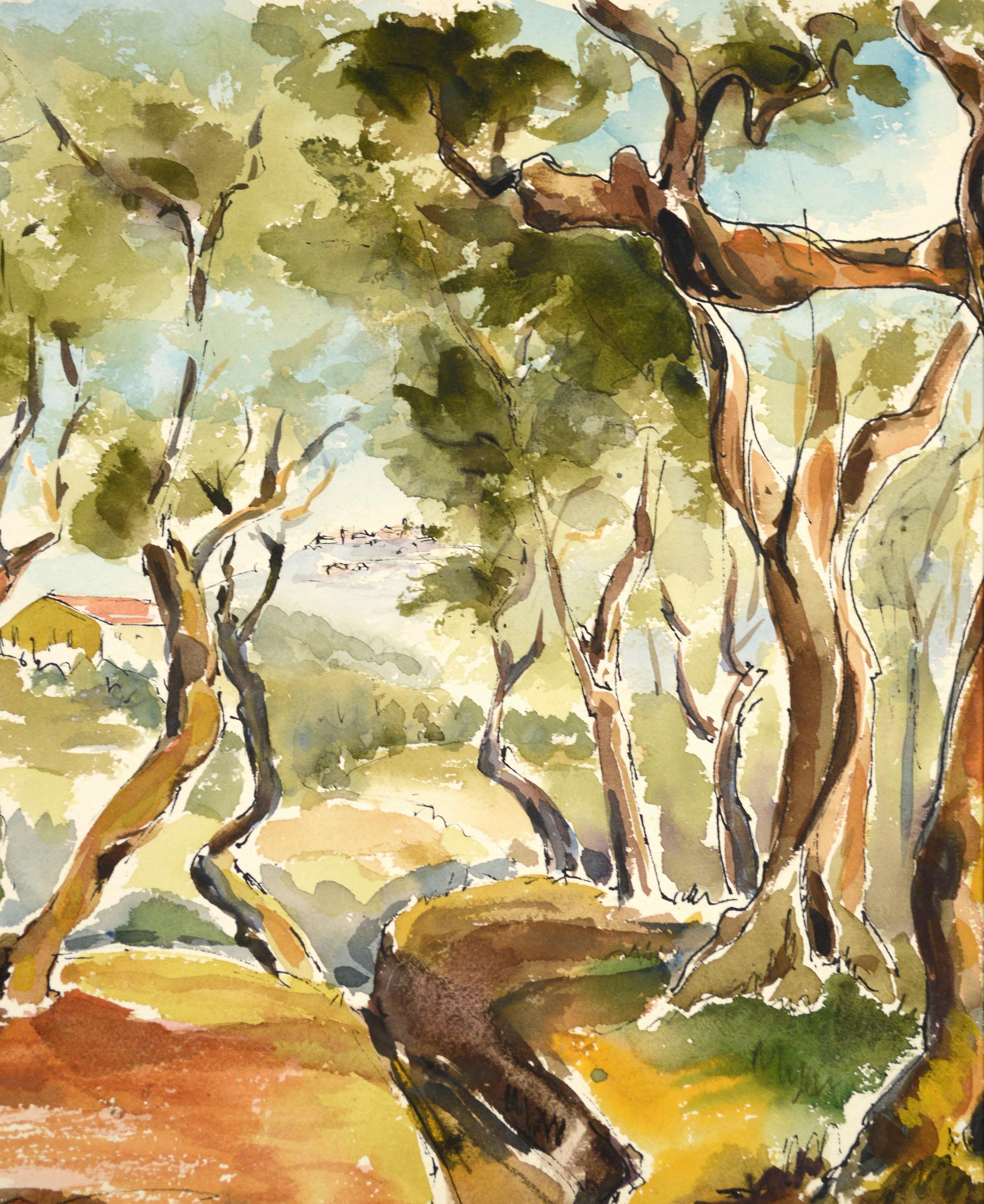 Hilltop Through the Trees, modernistische Aquarelllandschaft im Angebot 1