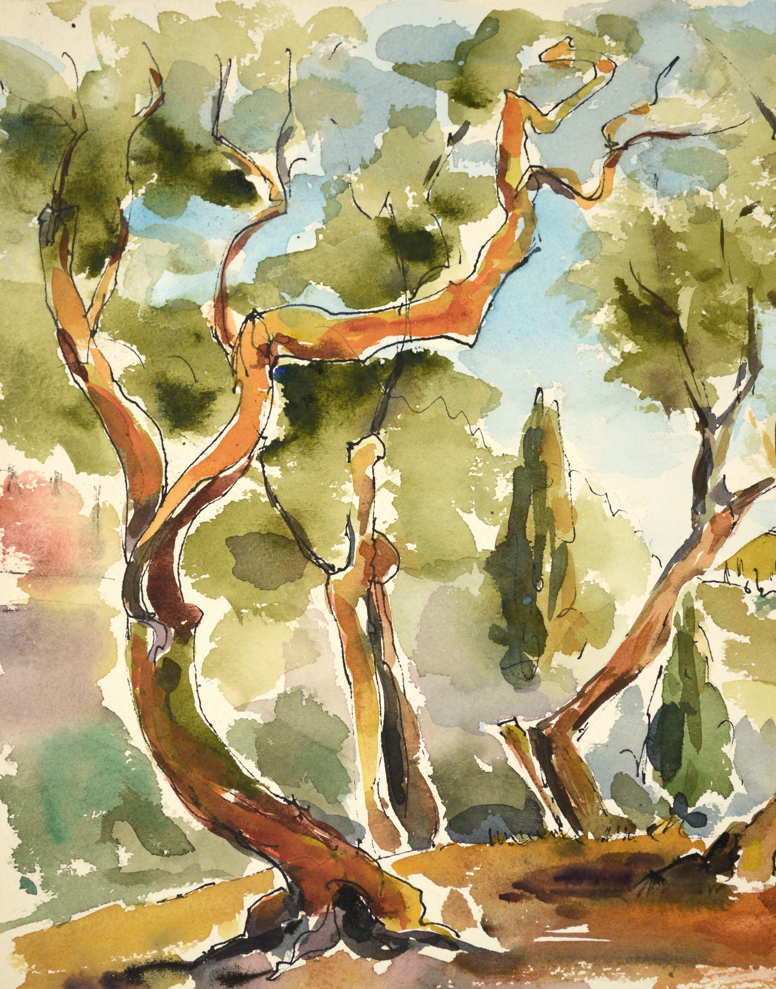 Hilltop Through the Trees, modernistische Aquarelllandschaft (Braun), Landscape Art, von Nevalda Bartolini Liberi 