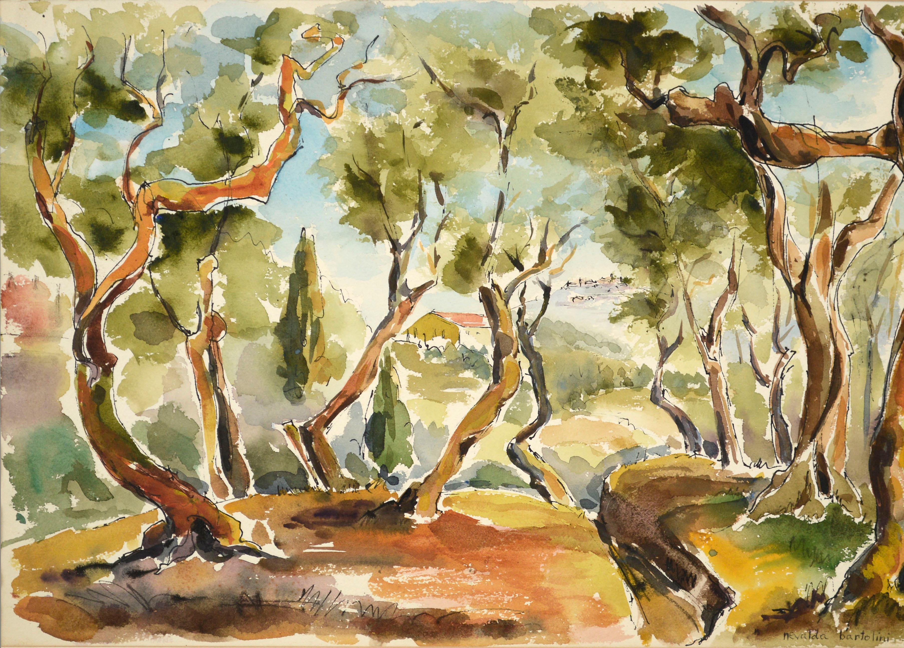 Nevalda Bartolini Liberi  Landscape Art – Hilltop Through the Trees, modernistische Aquarelllandschaft