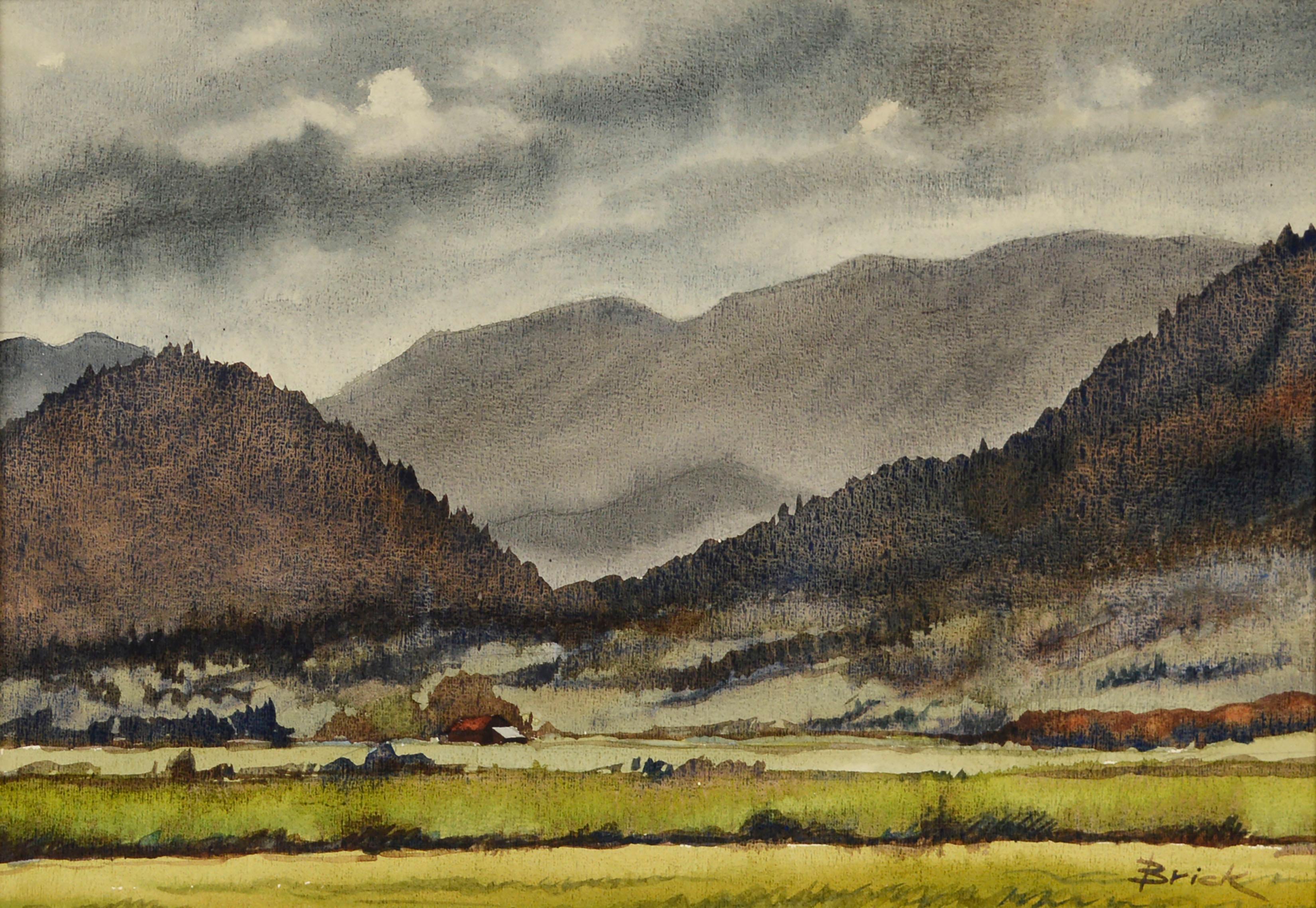 Walter Jim Brick Landscape Art - Willamette Valley View, Pacific Northwest Landscape Watercolor 