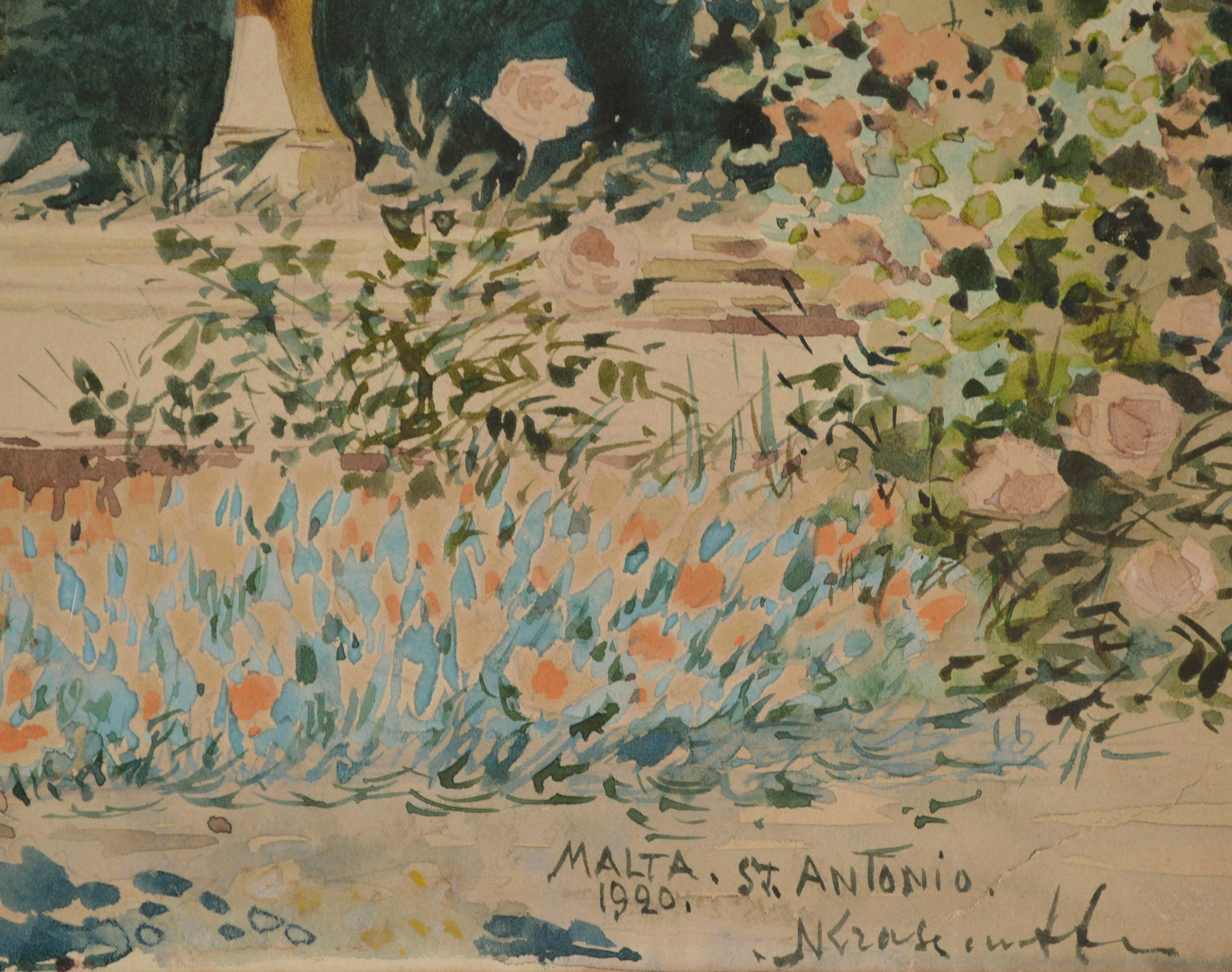 „San Anton Palace Malta“ Anfang des 20. Jahrhunderts. Garten und Springbrunnen Aquarell Russisch im Angebot 2