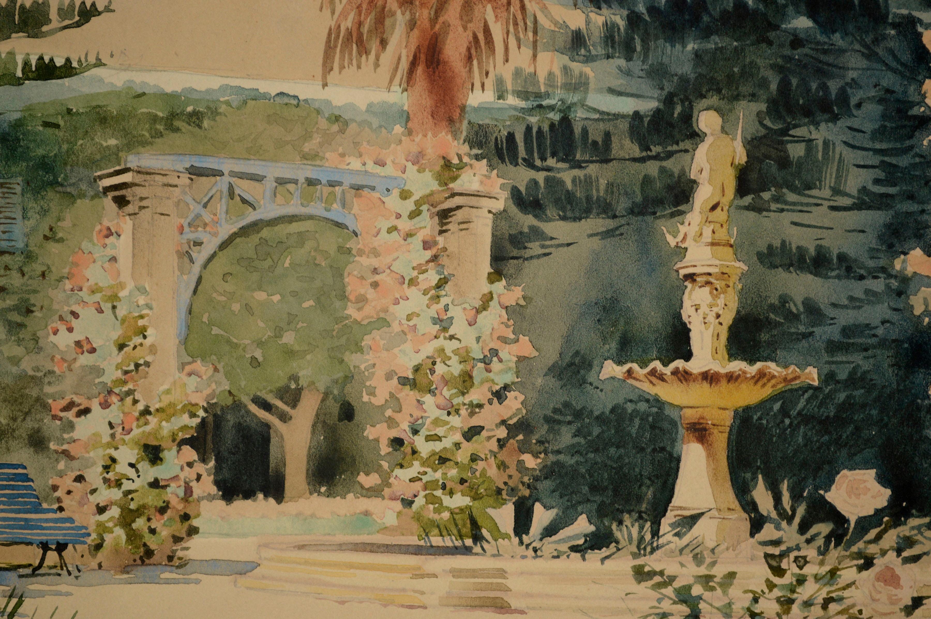 „San Anton Palace Malta“ Anfang des 20. Jahrhunderts. Garten und Springbrunnen Aquarell Russisch (Impressionismus), Art, von Nicholas Krasnoff 