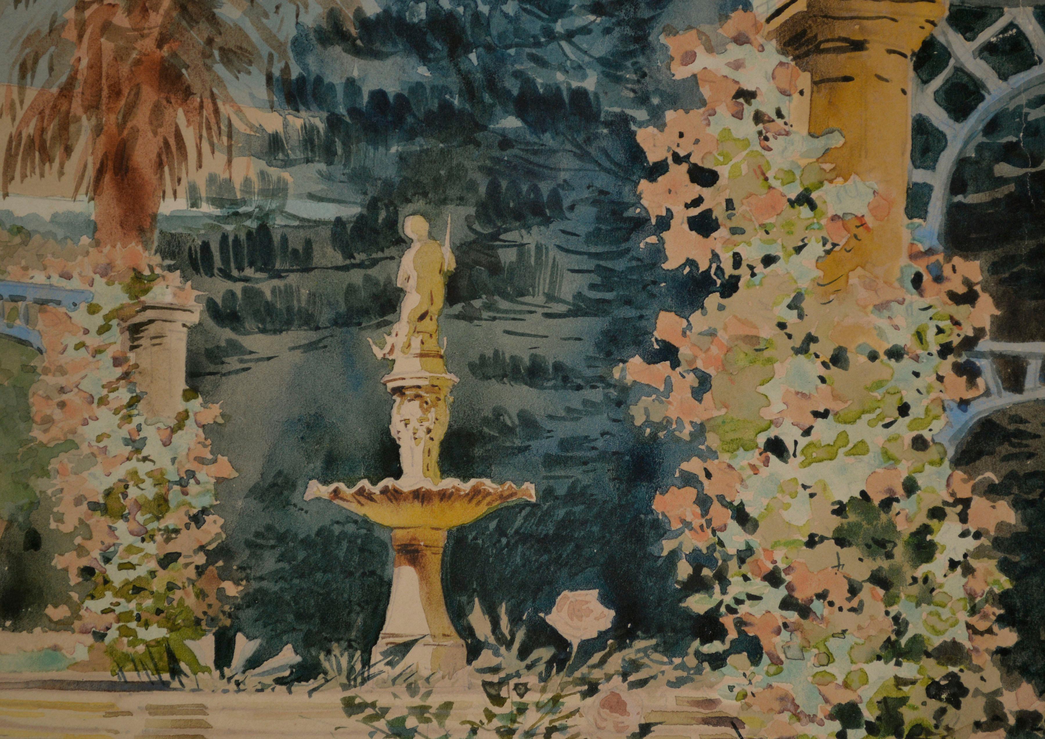 „San Anton Palace Malta“ Anfang des 20. Jahrhunderts. Garten und Springbrunnen Aquarell Russisch (Braun), Figurative Art, von Nicholas Krasnoff 