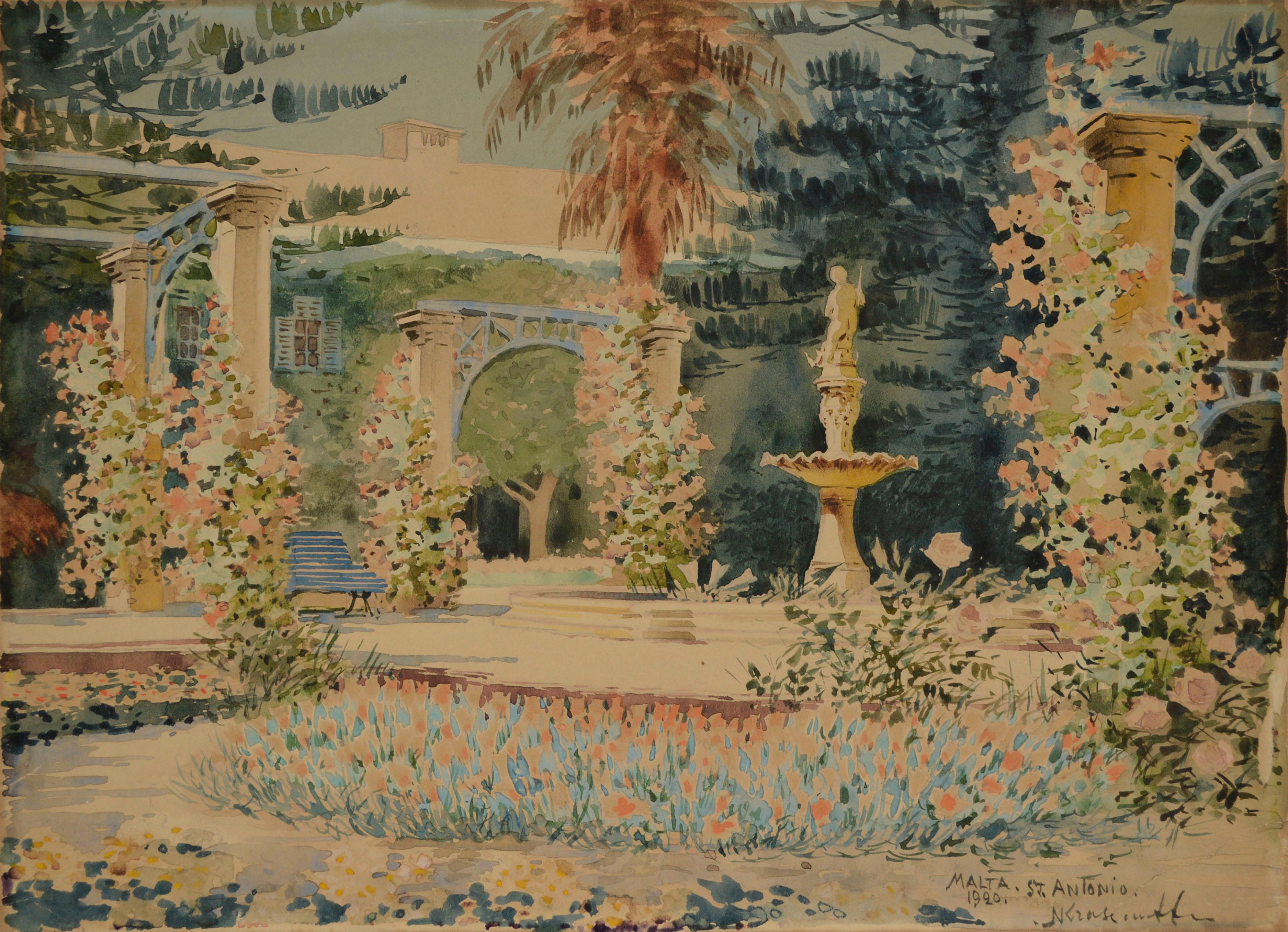 „San Anton Palace Malta“ Anfang des 20. Jahrhunderts. Garten und Springbrunnen Aquarell Russisch – Art von Nicholas Krasnoff 
