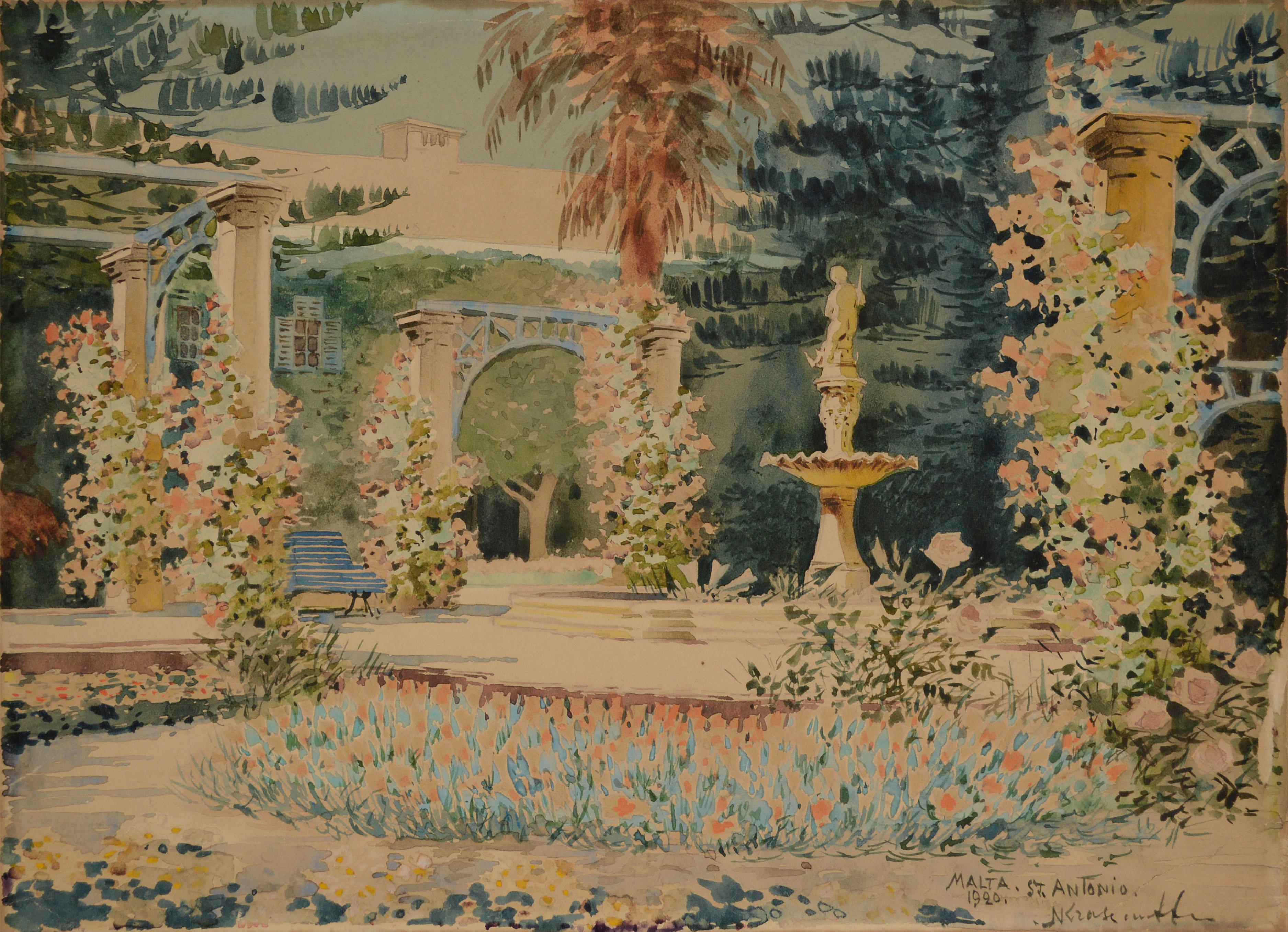 Palais de Malte de Saint-Antoine Début du 20e siècle Aquarelle de jardin et de fontaine russe - Art de Nicholas Krasnoff 