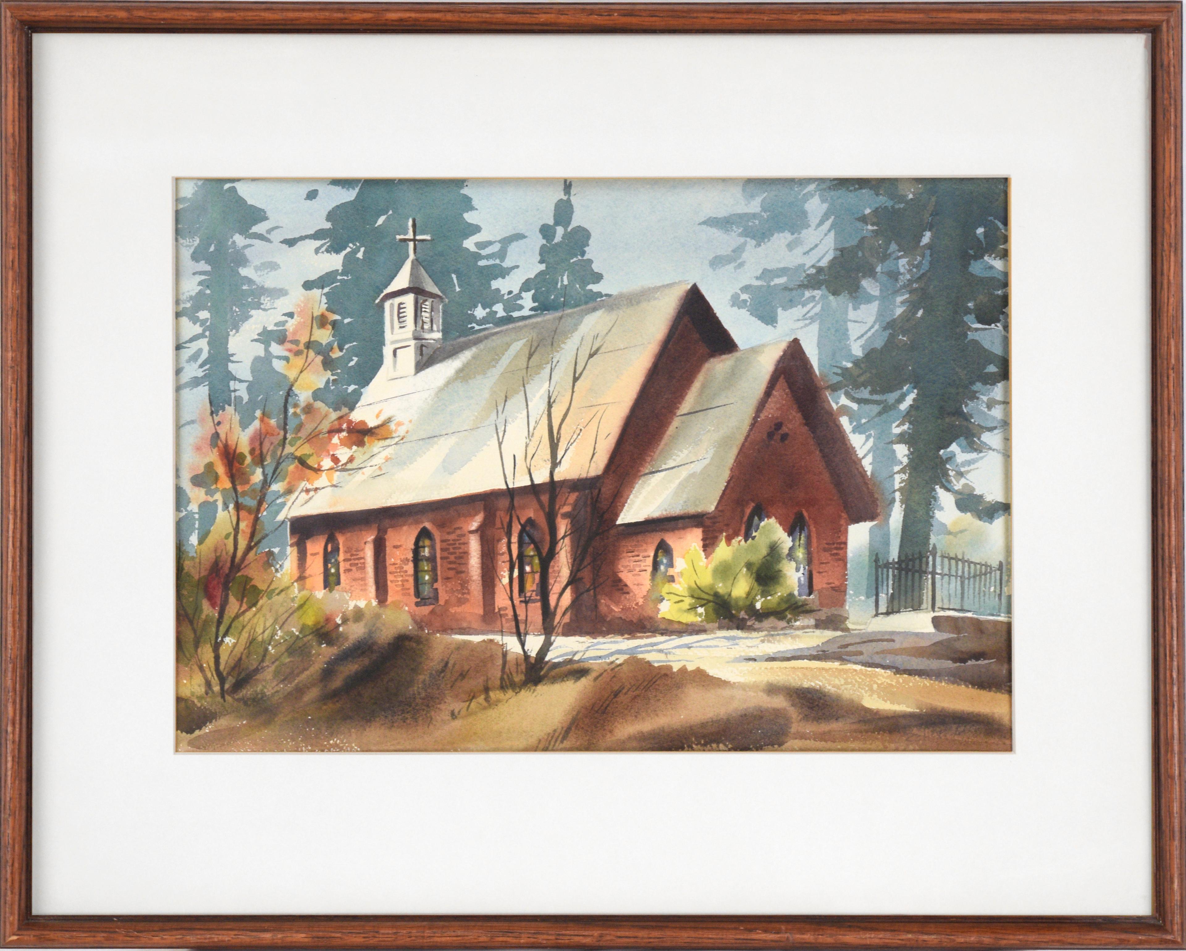 Unknown Landscape Art - Country Church in Autumn - Watercolor Landscape