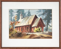 Retro Country Church in Autumn - Watercolor Landscape