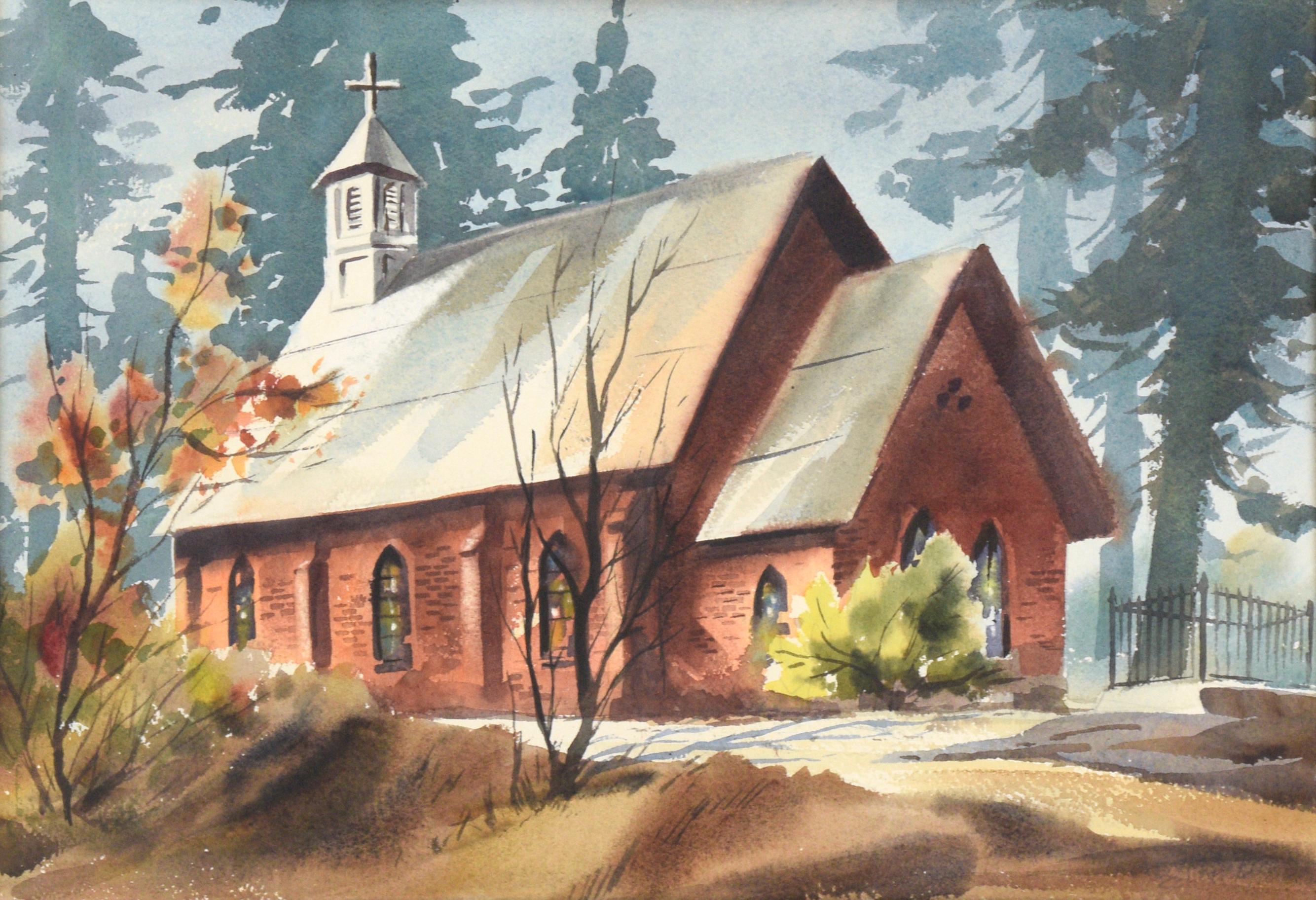 Country Church in Autumn - Watercolor Landscape - Art by Unknown