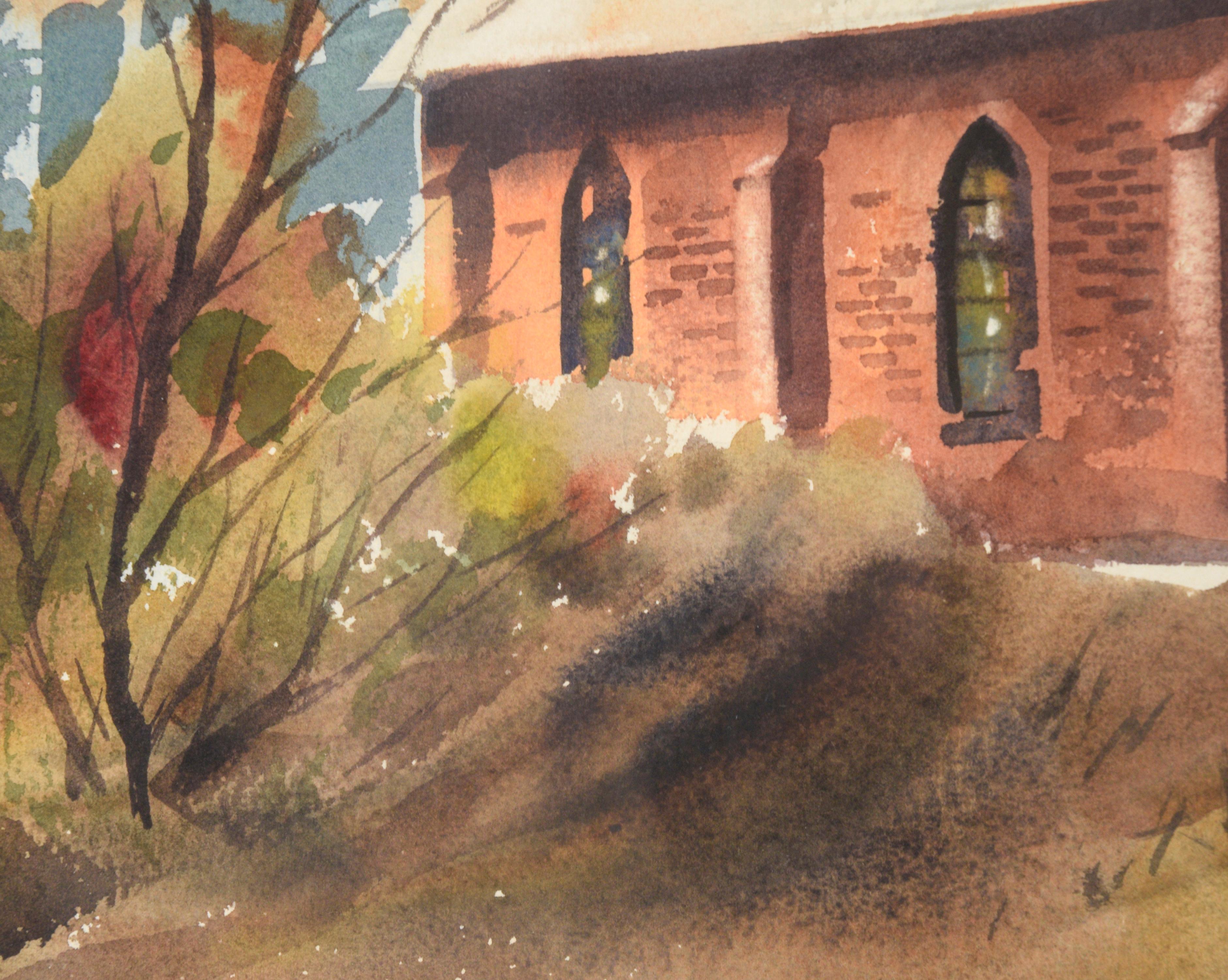 Country Church in Autumn - Watercolor Landscape - Gray Landscape Art by Unknown