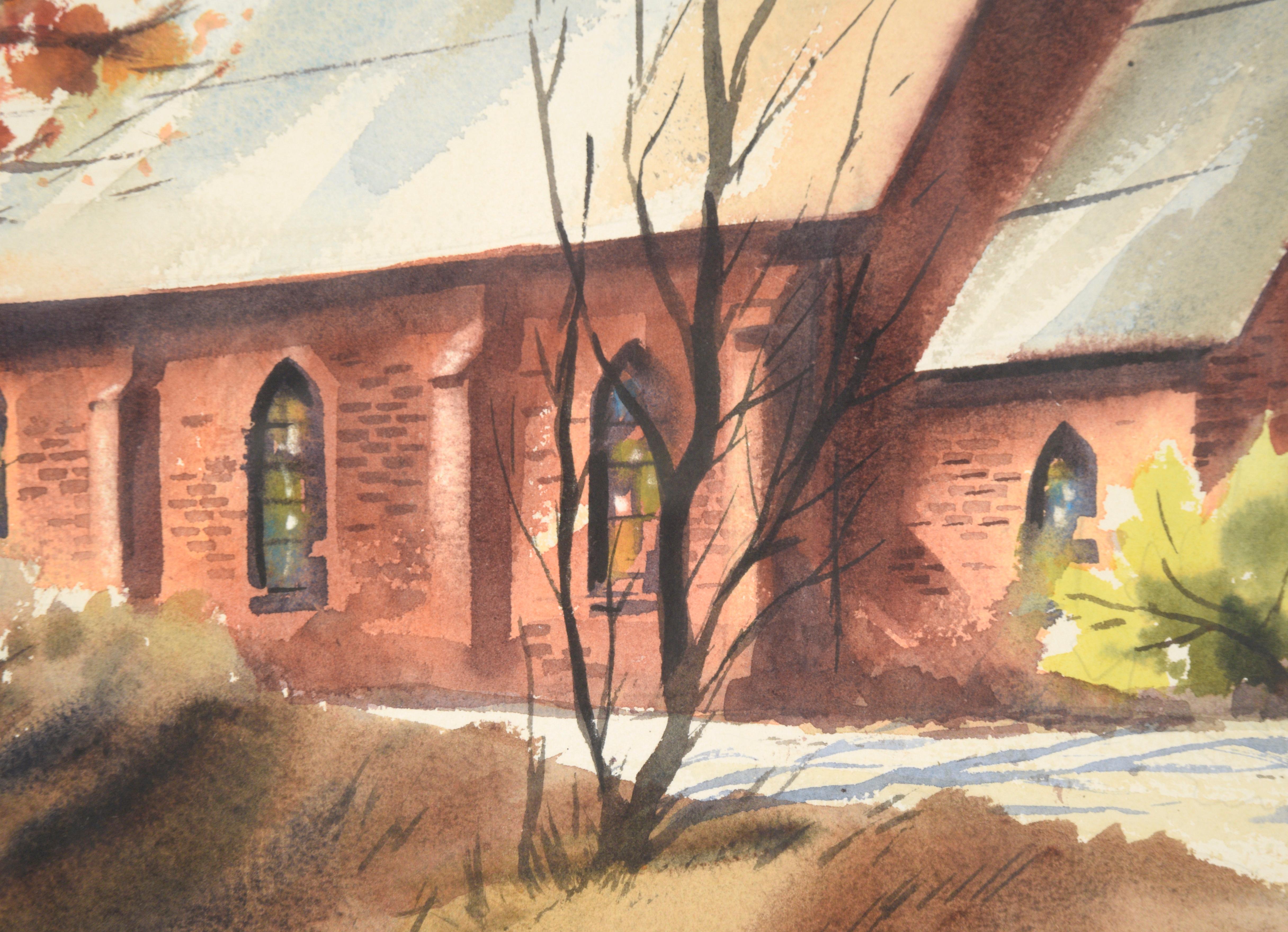Country Church in Autumn - Watercolor Landscape - American Impressionist Art by Unknown