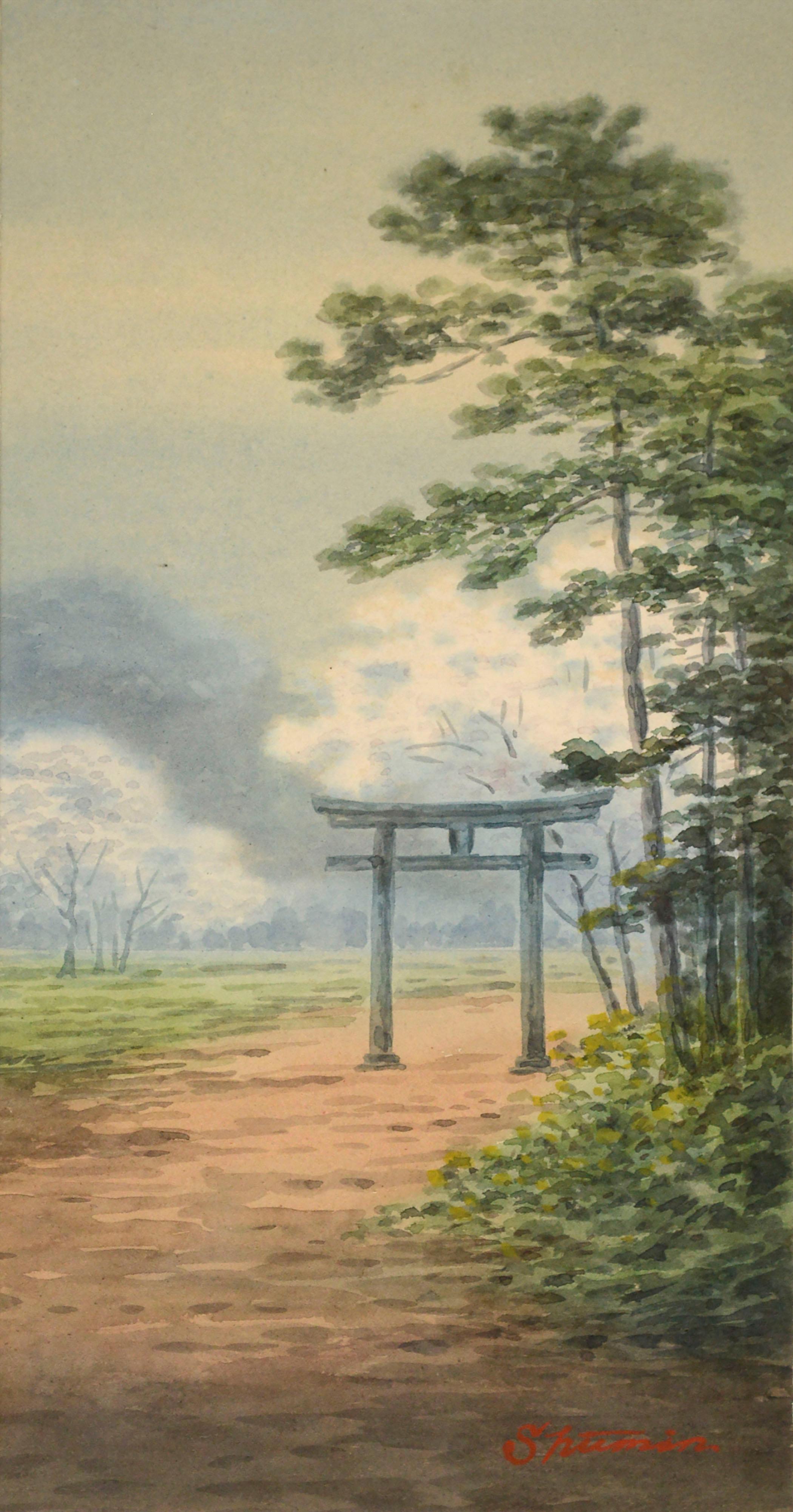 Early 20th Century Japanese Landscape Watercolor with Torii Gate  - Art by Shumin Ota 