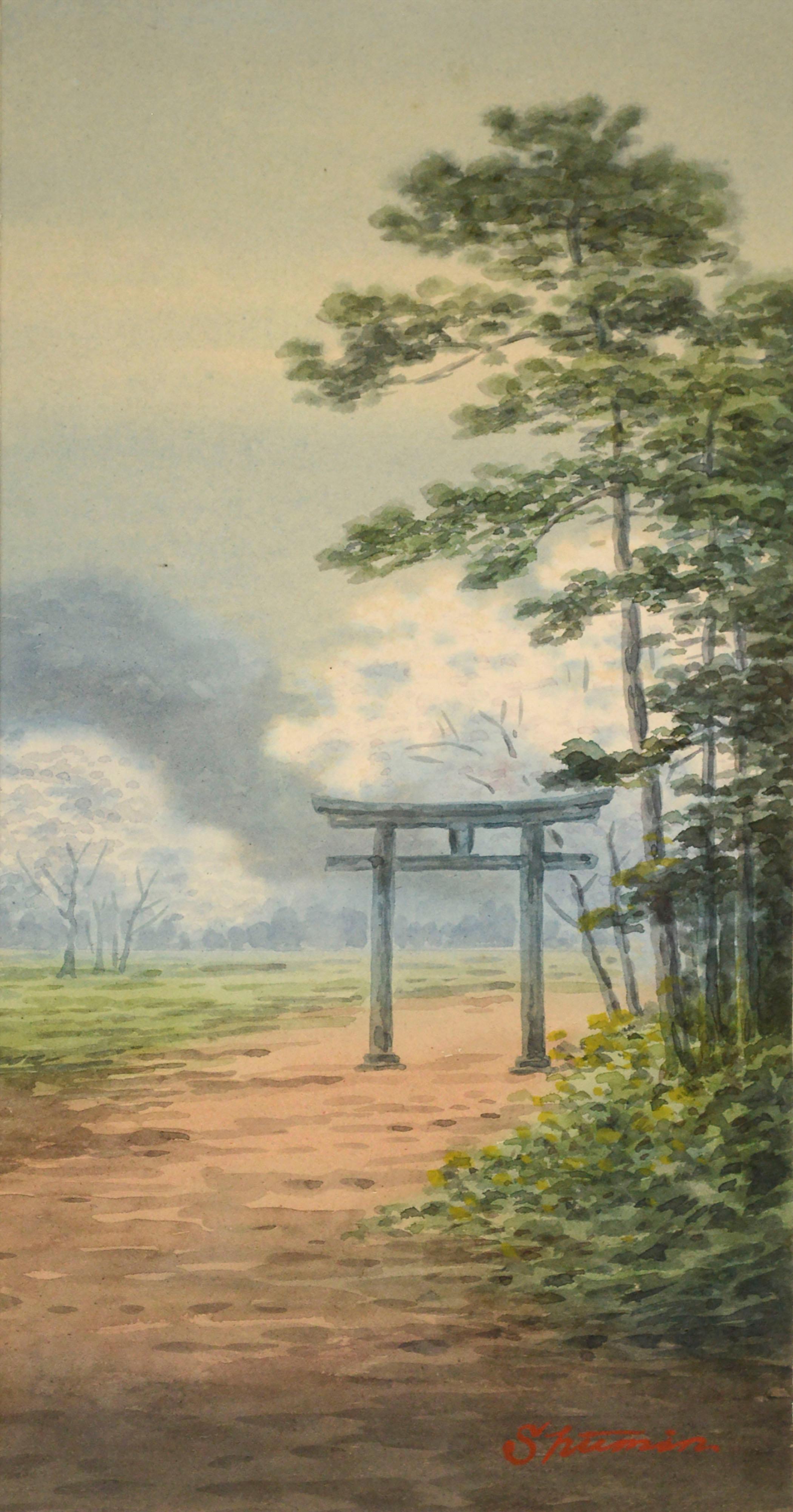 Acuarela de paisaje japonés de principios del siglo XX con puerta Torii - Art de Shumin Ota 