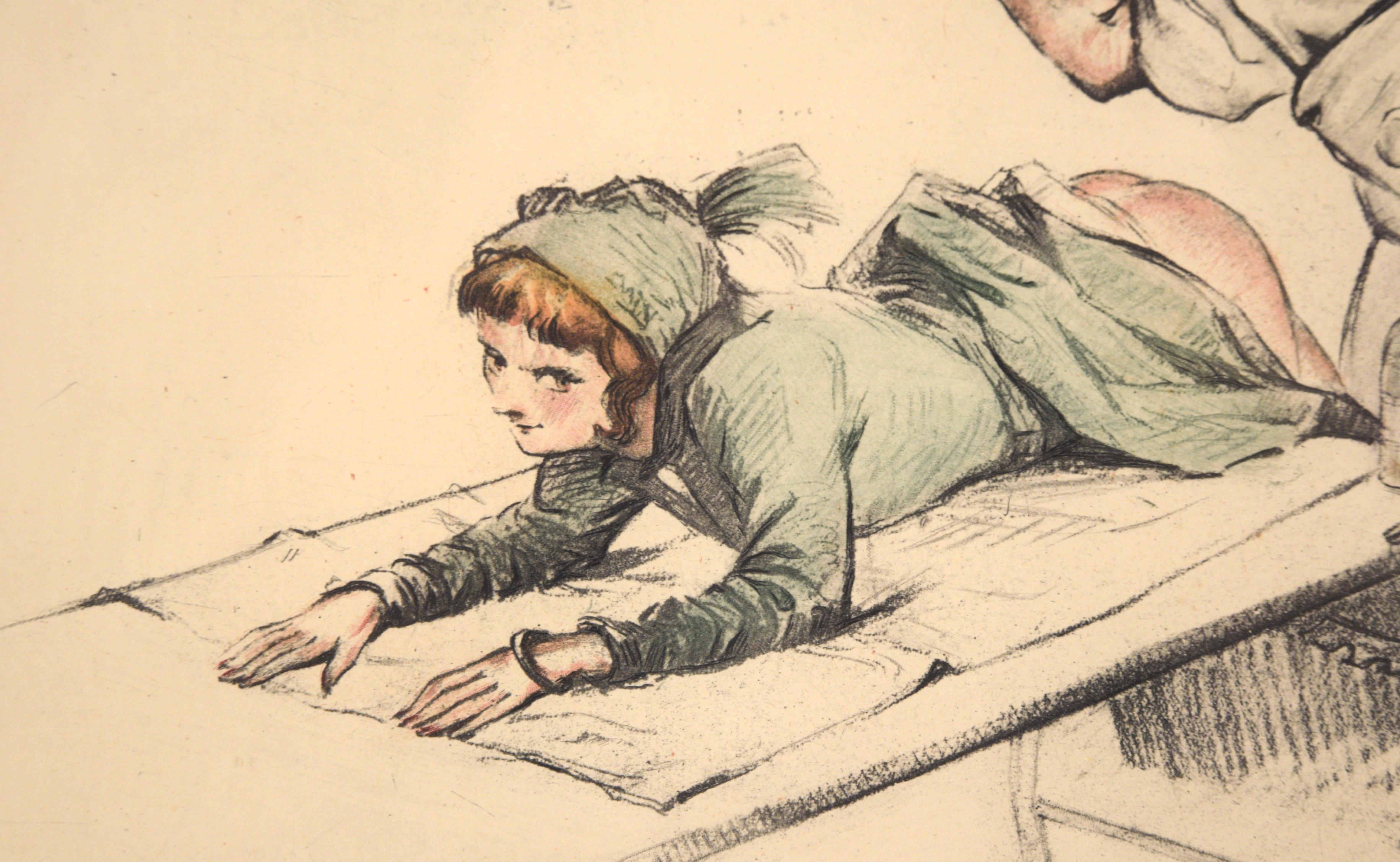 L'intrus - Illustration française satirique - Lithographie colorée à la main - Réalisme Print par Gaston Hoffmann