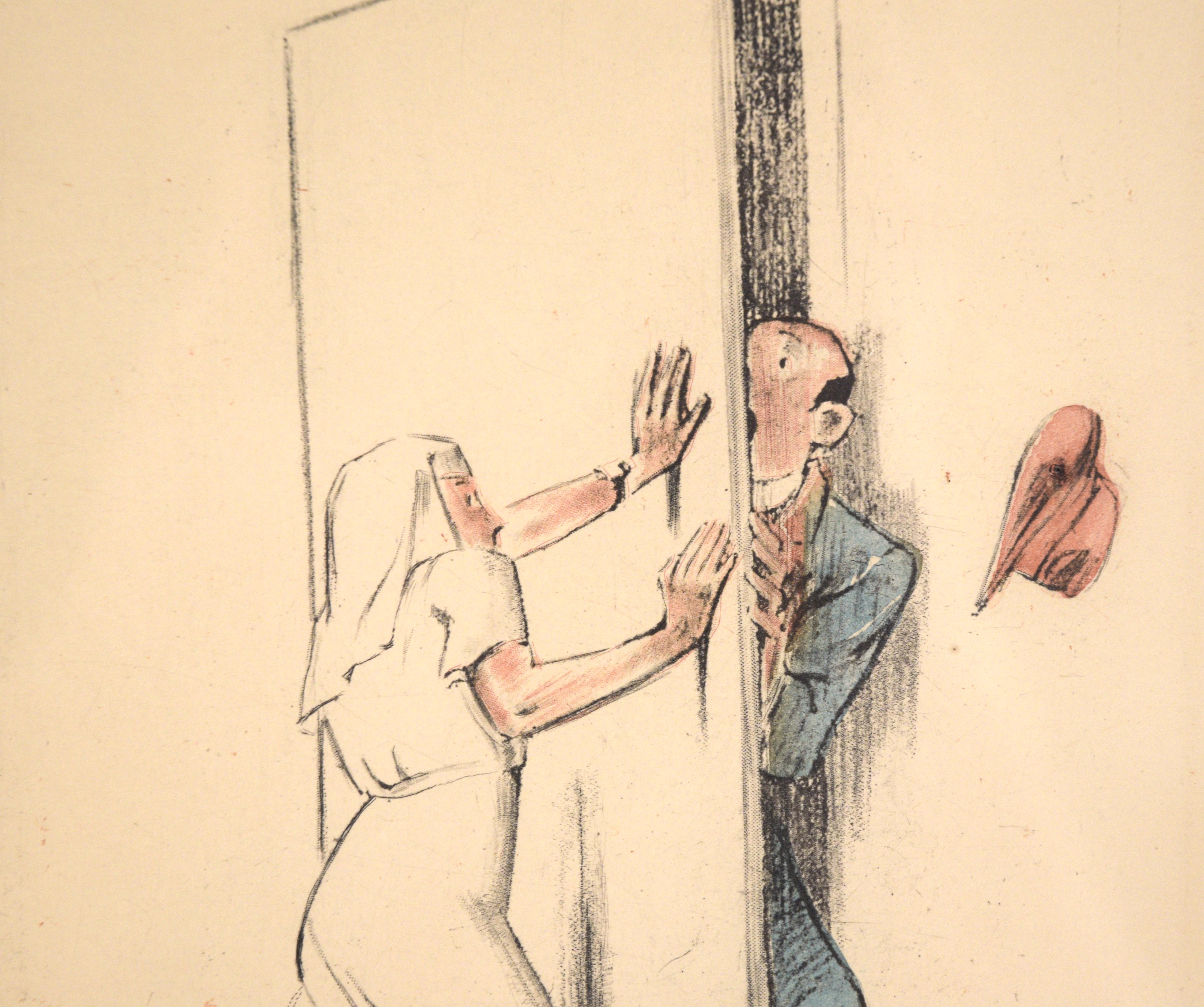 L'intrus - Illustration française satirique - Lithographie colorée à la main - Beige Figurative Print par Gaston Hoffmann