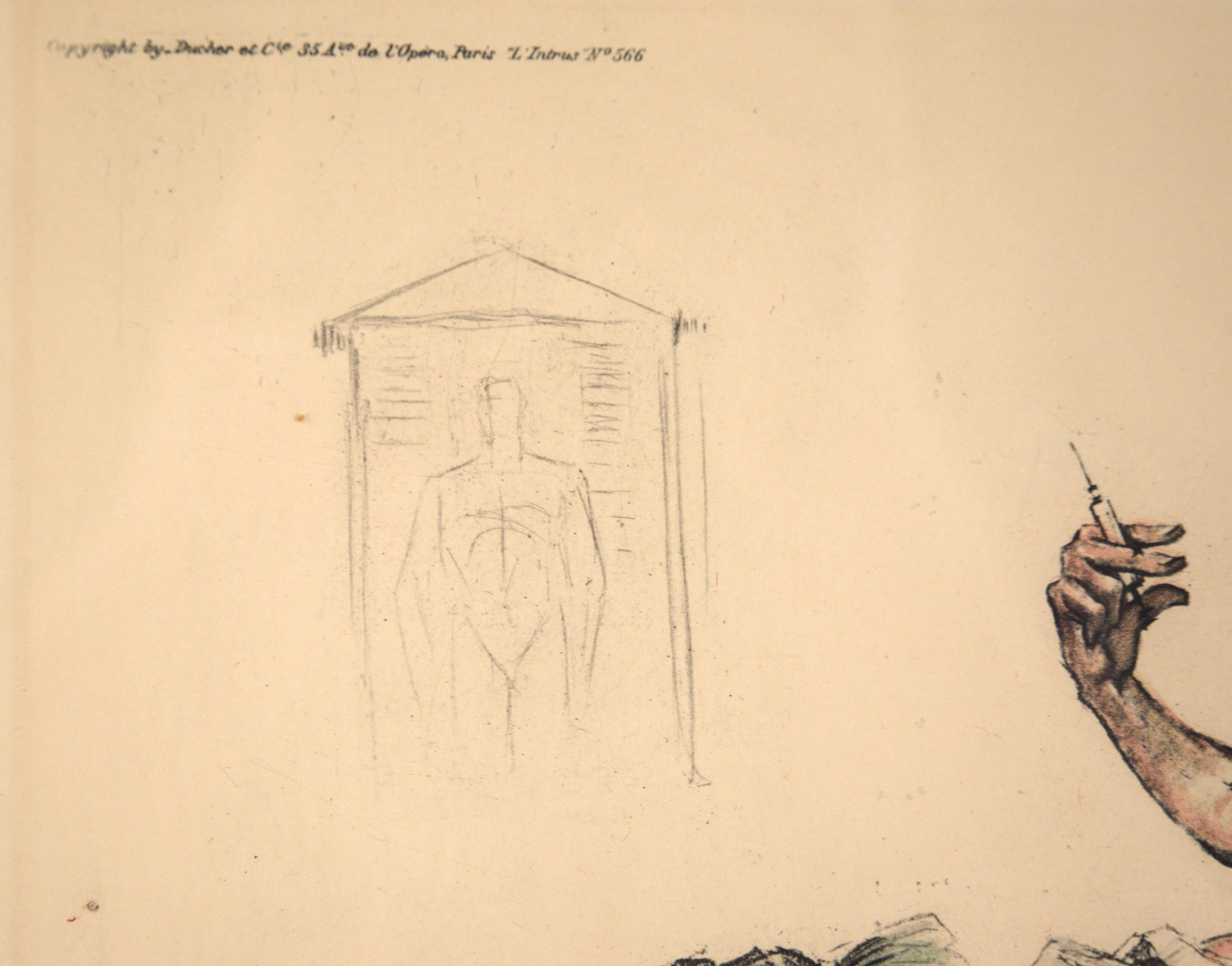 Illustration comique de Gaston Hoffmann (français, 1883-1977). Un médecin fait une piqûre à une patiente, tandis qu'une infirmière tente d'empêcher un homme de faire irruption.

Signé au crayon 