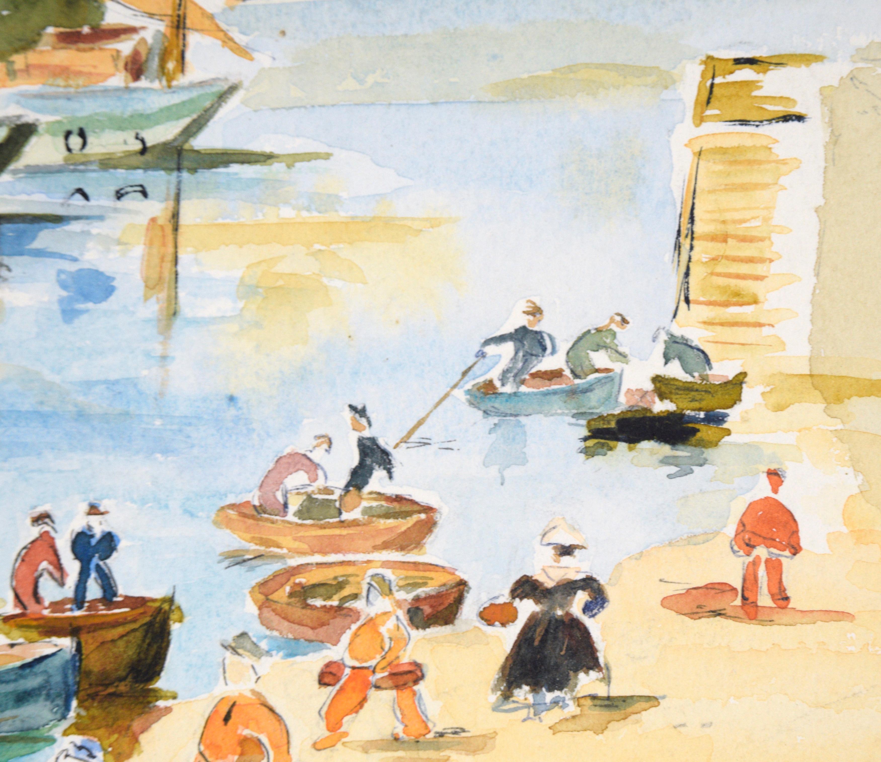 Fishermen at the Shore in Concarneau - France Landscape by M. Saint-Guily - Beige Figurative Art by Edouard Doigneau