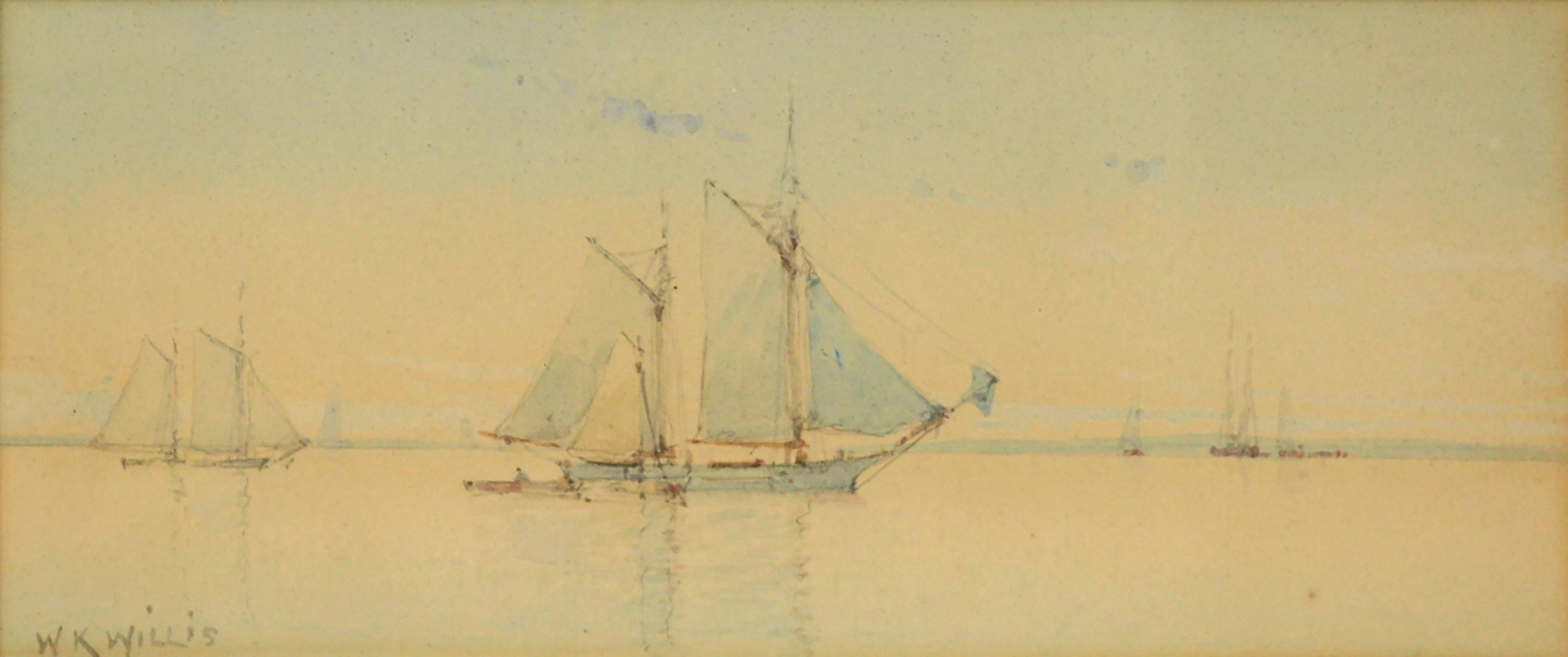 Schooners at Sail, maritime Aquarell-Seelandschaft des frühen 20. Jahrhunderts  – Art von W.K. Willis