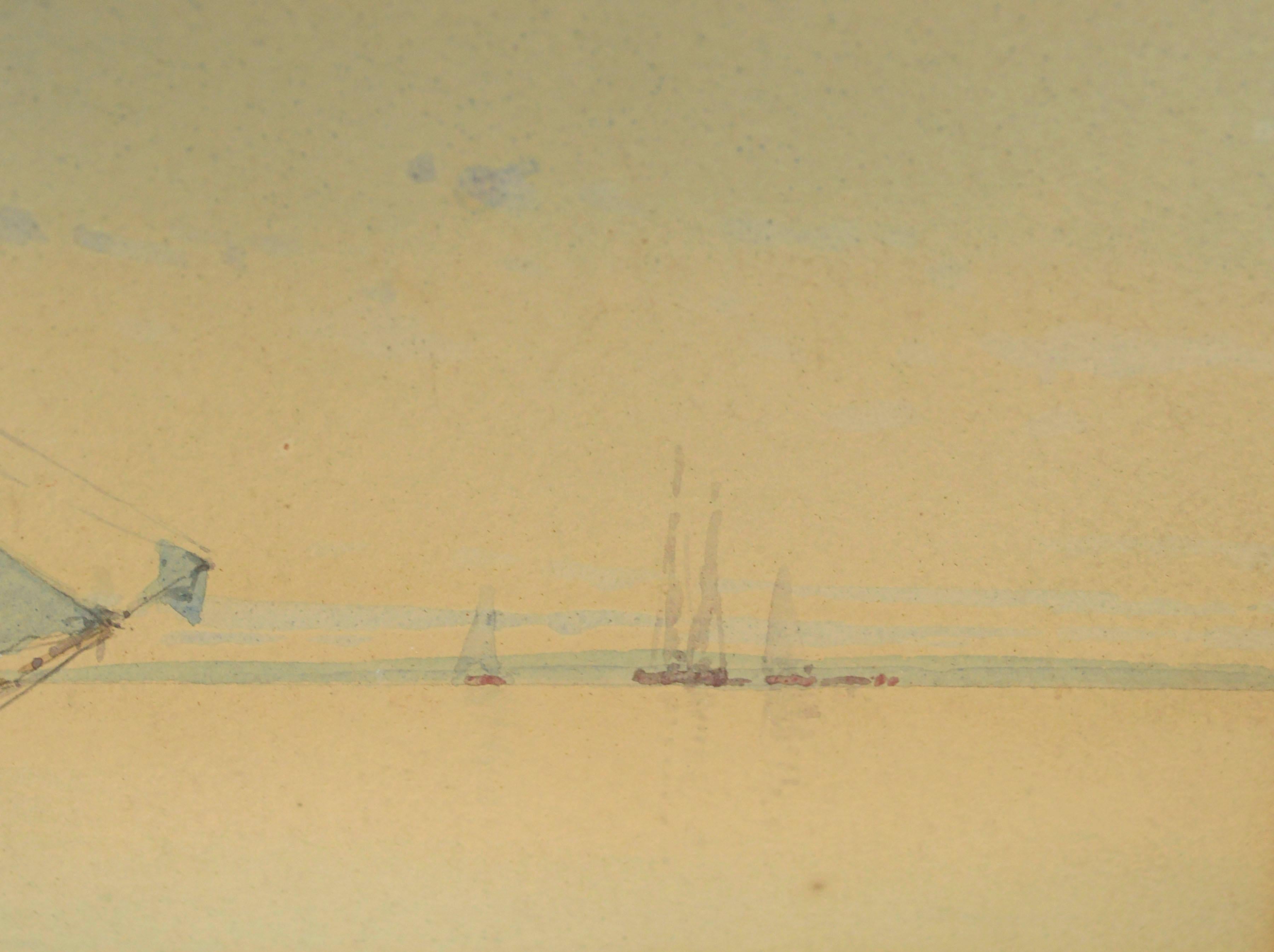 Schooners at Sail, maritime Aquarell-Seelandschaft des frühen 20. Jahrhunderts  (Beige), Landscape Art, von W.K. Willis