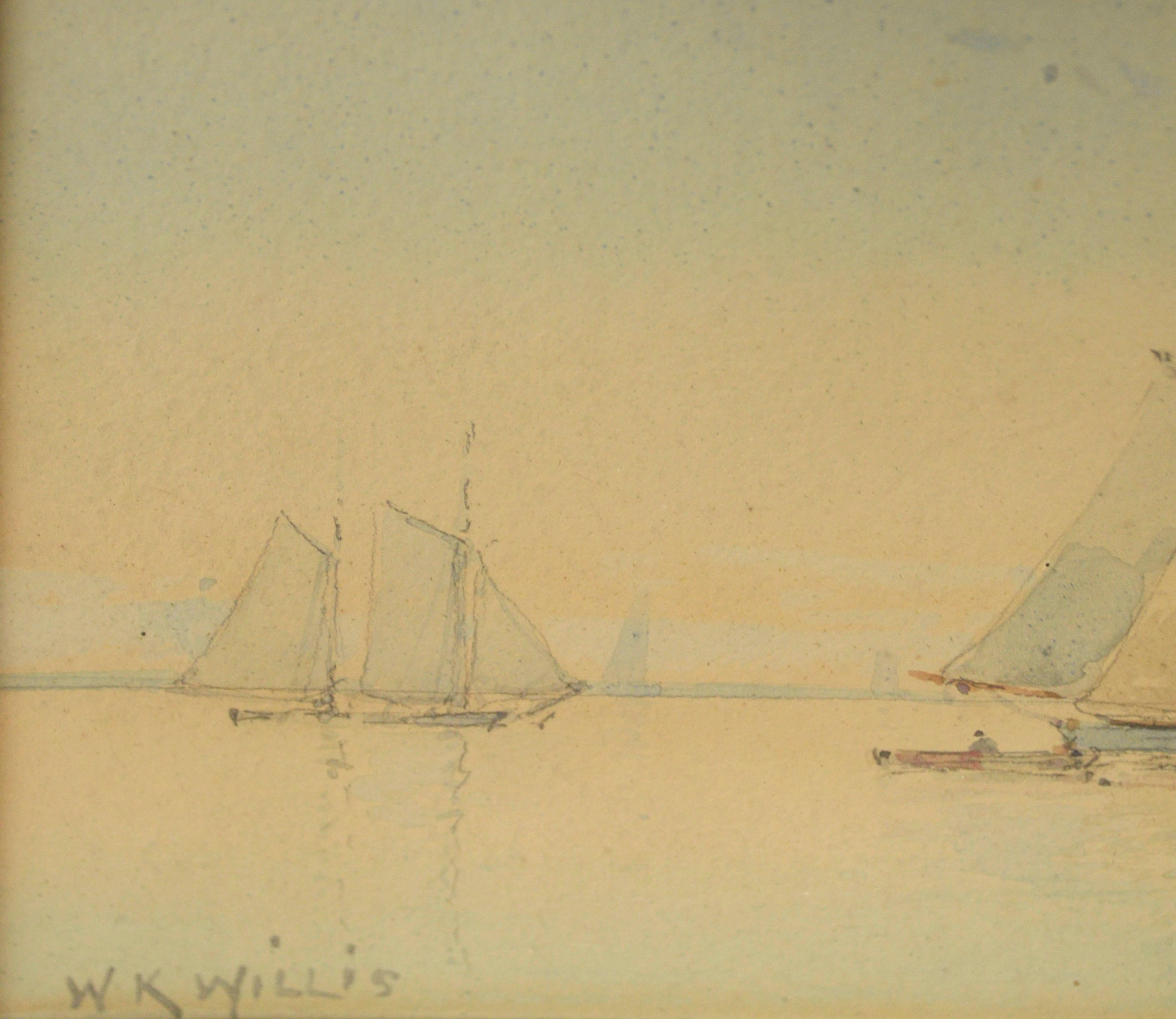 Schooners at Sail, Early 20th Century Maritime Watercolor Seascape  - Beige Landscape Art by W.K. Willis