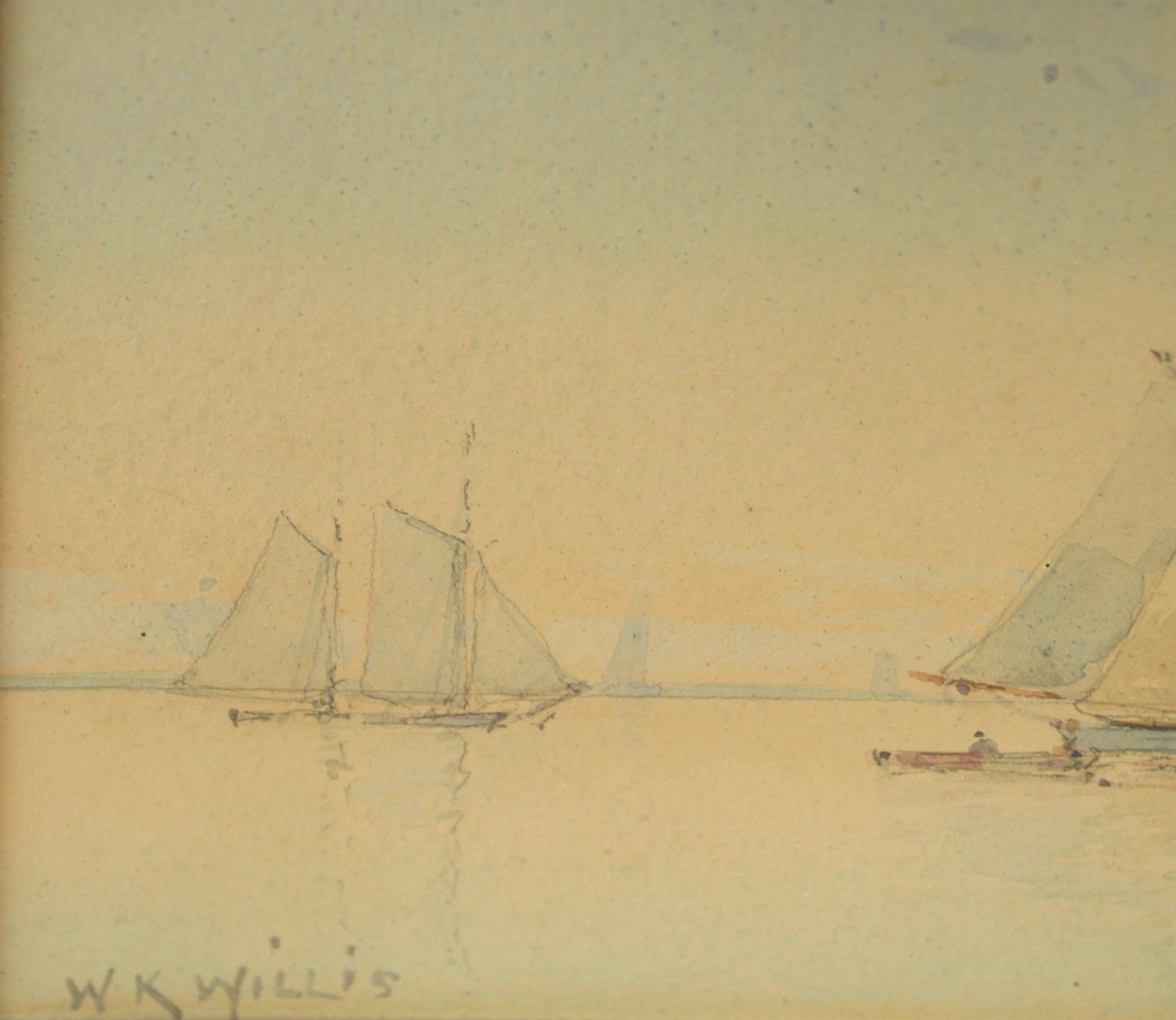 Schooners at Sail, Early 20th Century Maritime Watercolor Seascape - Beige Figurative Painting by W.K. Willis