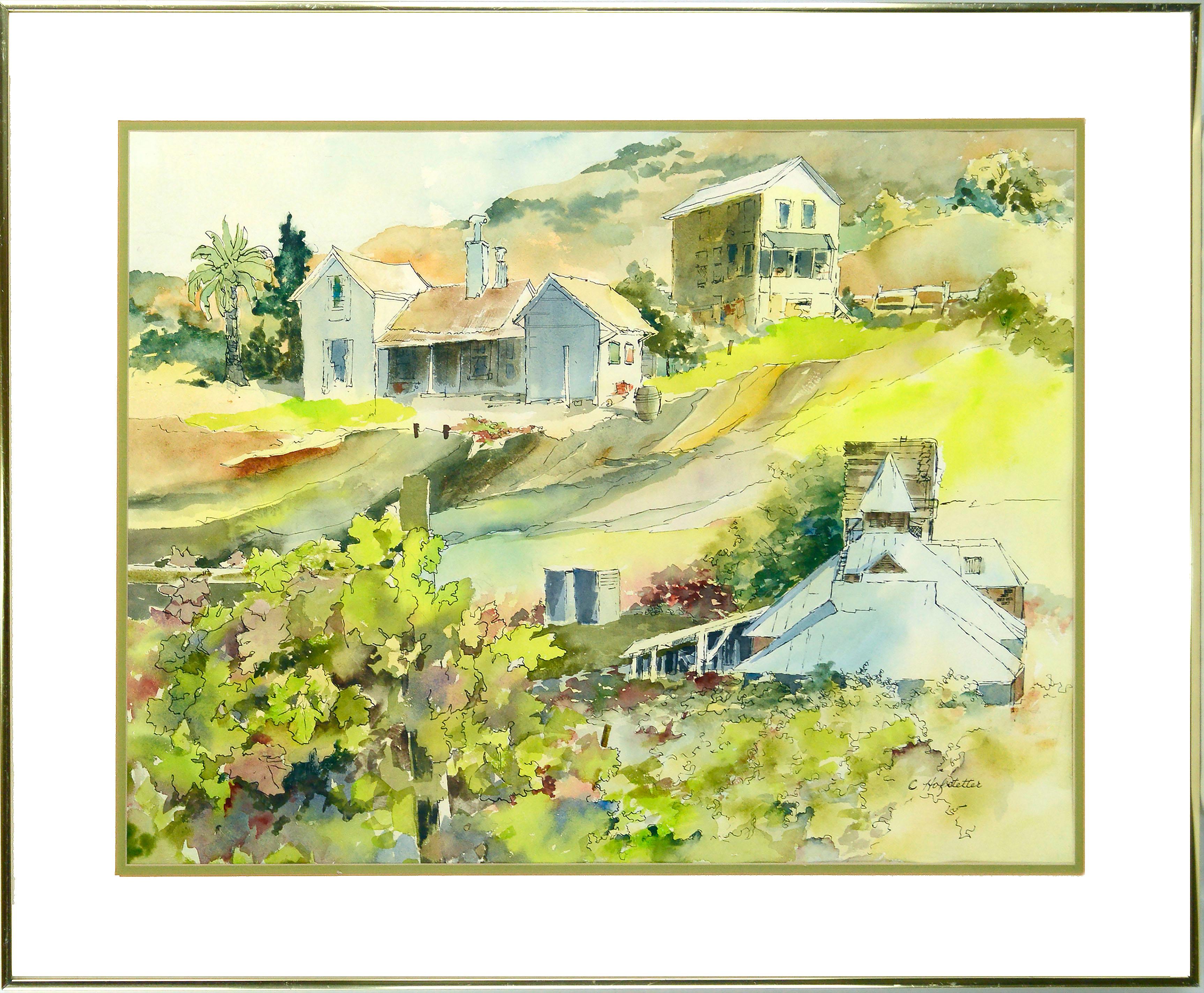California Vineyard, Large-Scale Farmhouse Landscape Watercolor